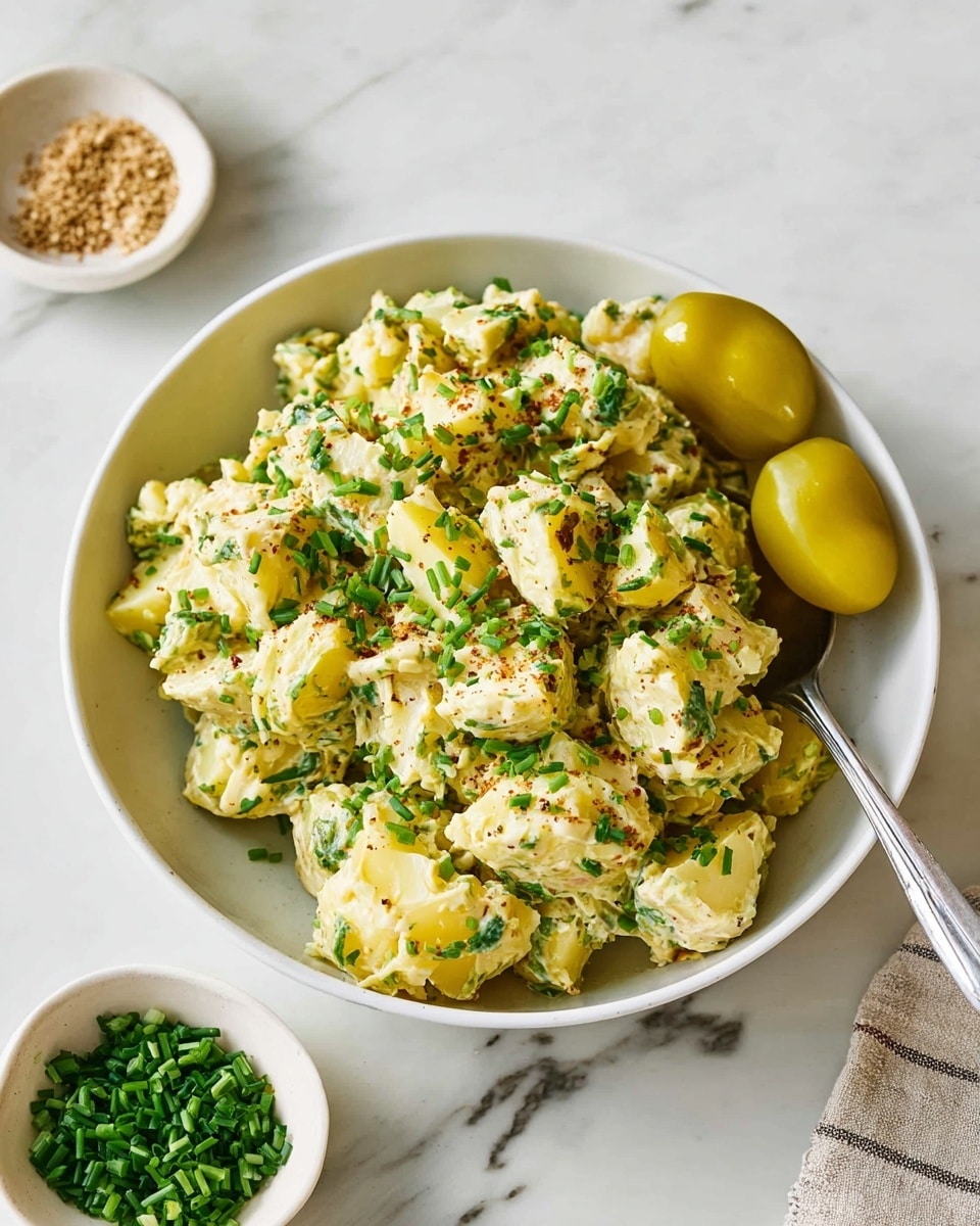 The image shows a white bowl filled with a creamy potato salad that has three main visible layers: a base of yellow, chunky potato pieces mixed with green herbs throughout, a creamy dressing with specks of mustard seeds coating the potatoes, and finely chopped green chives sprinkled on top for texture and color. Three whole yellow pickled peppers sit on one side of the bowl, adding a pop of yellow contrast. A silver spoon is partially buried on the right side in the salad. The bowl is placed on a white marbled surface with small white dishes containing chopped green chives and grainy mustard nearby. photo taken with an iphone --ar 4:5 --v 7