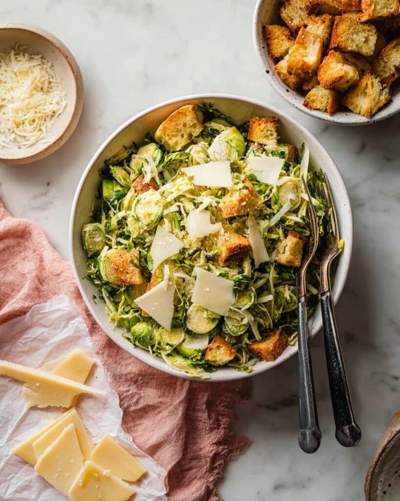 Shaved Brussels Sprouts Salad with Caesar Dressing and Crispy Croutons Recipe