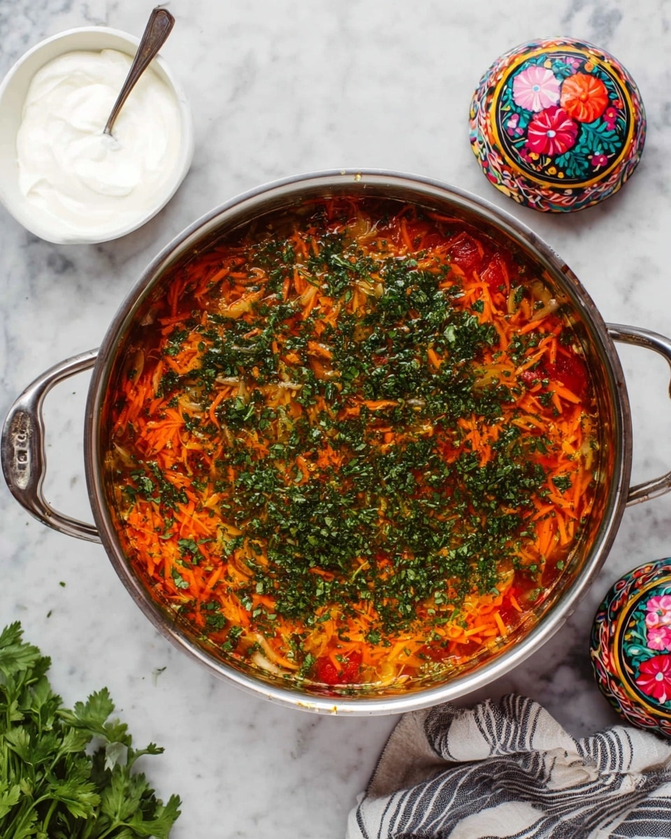 A large round metal pot filled with a soup made of shredded orange carrots and red tomatoes in a clear broth, topped with a generous layer of finely chopped fresh green herbs evenly spread across the surface. The pot has two handles, resting on a white marbled surface. Nearby, there is a white small bowl with a dollop of creamy white sour cream and a spoon inside it, and a sprig of green herbs next to it. A striped cloth and two small colorful round wooden bowls with painted floral patterns are also partially visible in the background. Photo taken with an iphone --ar 4:5 --v 7