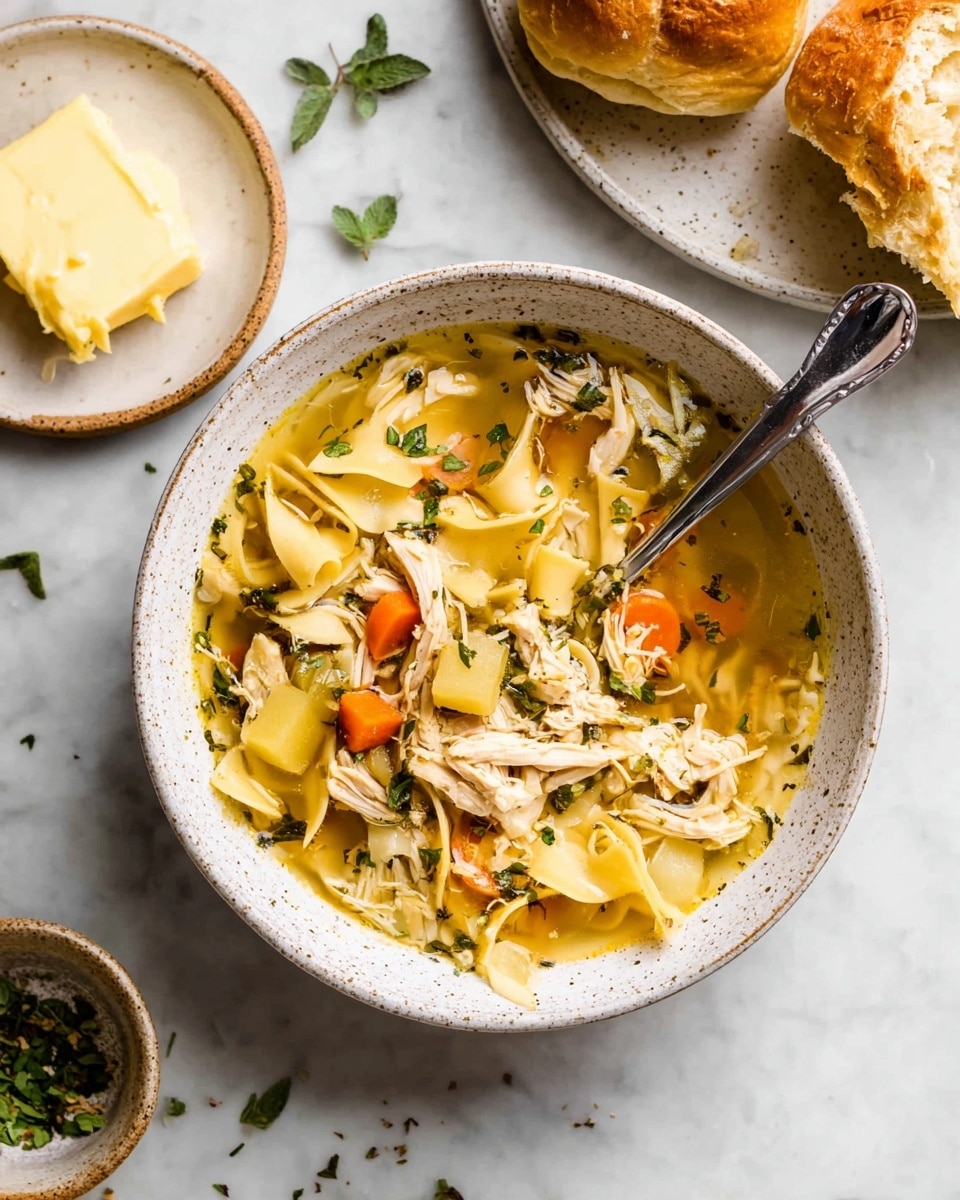 A white speckled bowl filled with chicken noodle soup showing three main layers: a clear golden broth with herbs, chunks of shredded light brown chicken, and wide flat egg noodles along with small pieces of orange carrots and pale yellow potatoes, garnished with green herb leaves; a silver spoon rests inside the bowl, partially submerged. Surrounding the bowl is a white speckled plate with a light yellow pat of butter and a sprig of green herb, a white speckled plate holding a golden brown roll, and some scattered green herbs on a white marbled surface. photo taken with an iphone --ar 4:5 --v 7