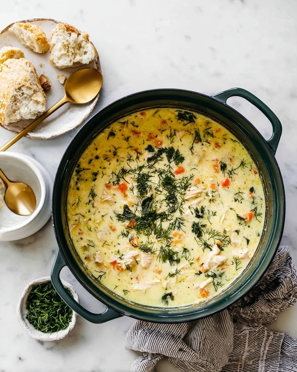 A deep green round pot filled with creamy soup that has three main layers visible: a smooth light yellow creamy base with small soft pieces of white chicken, mixed with diced orange carrots and green herbs, topped with scattered dark green fresh dill leaves. The pot is set on a white marbled surface, next to a small white bowl with a large gold spoon resting inside, a white plate holding torn soft bread pieces, and a tiny white bowl with chopped green dill. A gray cloth is casually placed near the pot's handle. photo taken with an iphone --ar 4:5 --v 7