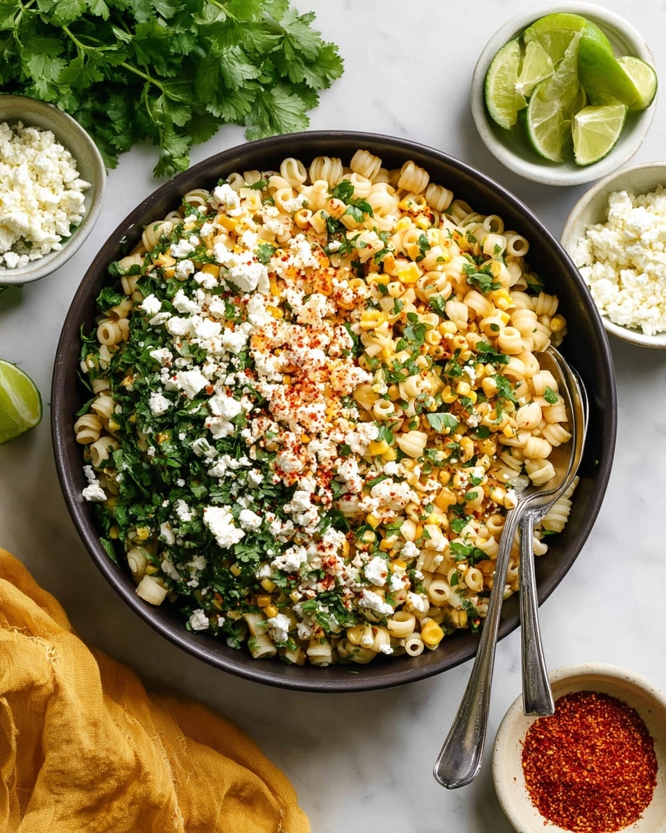 A large dark bowl filled with three main layers: at the bottom, small tube pasta in pale yellow, then a mixed layer of corn kernels and fresh chopped herbs in bright green, and on top, a layer of white crumbled cheese sprinkled with red chili powder and more green herbs. Two silver spoons rest inside the bowl on the right side. The bowl sits on a white marbled surface surrounded by halved limes, fresh cilantro, small white bowls containing cheese and chili powder, and a yellow cloth on the lower right side. Photo taken with an iphone --ar 4:5 --v 7
