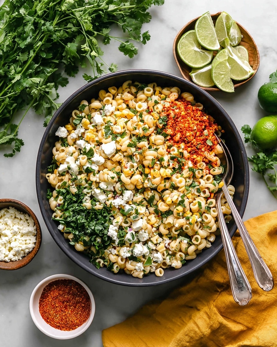 A large dark bowl filled with a layered pasta salad, where the bottom layer consists of small tube-shaped pasta in a pale yellow color mixed with corn kernels. The middle layer has small diced white cheese and finely chopped green herbs scattered on top. The top layer is sprinkled with a reddish-orange powder and more green herbs. Two silver spoons rest inside the bowl on the right side. The bowl sits on a white marbled surface surrounded by fresh green herbs, halved limes, a small white bowl of white cheese, a small white bowl of reddish-orange powder, and a yellow cloth on the bottom right side. Photo taken with an iphone --ar 4:5 --v 7
