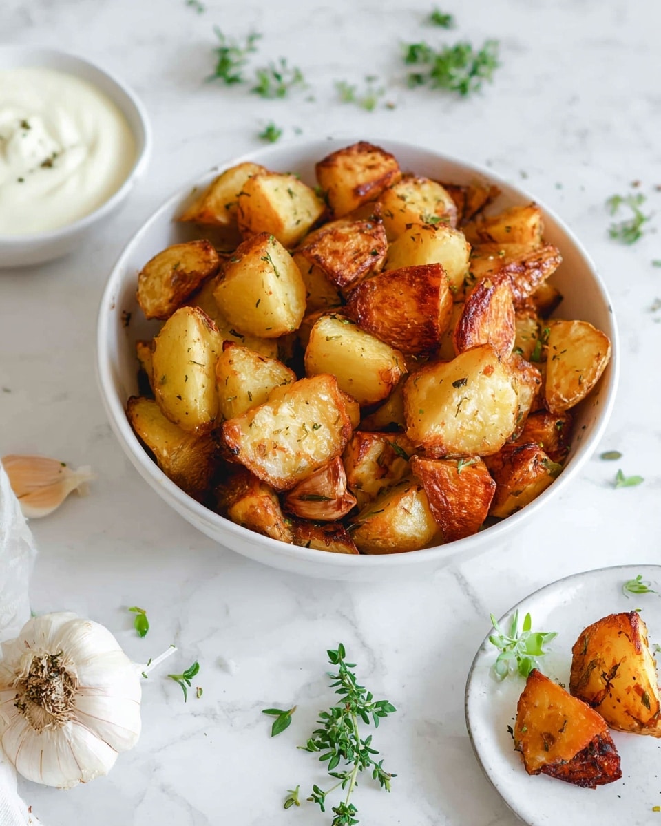 A white bowl filled with crispy roasted potato chunks that are golden brown with some darker, crunchy edges, mixed with whole roasted garlic cloves showing a slightly charred skin; the potatoes have a light sprinkle of herbs visible on their surface. Next to the bowl, there is a white plate holding a small white bowl of creamy white sauce and a couple of roasted potato pieces leaning against it. Around the bowl and plate, there are scattered fresh green herb leaves on a white marbled surface, creating a fresh and clean look. photo taken with an iphone --ar 4:5 --v 7