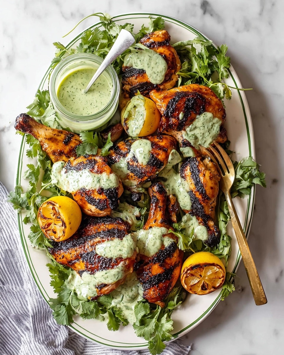 A large white oval plate with thin green stripes holds six pieces of grilled chicken with dark char marks and a golden-brown color, arranged on a bed of fresh green cilantro leaves. A creamy light green sauce with herbs is drizzled unevenly over each piece of chicken, adding contrast. Two halves of grilled yellow lemons with char lines are placed near the bottom right and center right of the plate. At the top left corner of the plate, a small glass jar filled with the same light green sauce sits with a silver spoon inside. A gold fork and knife rest on the right side of the plate, partially underneath a chicken leg. The whole scene is set on a white marbled surface with a gray and white striped cloth visible at the bottom left corner. photo taken with an iphone --ar 4:5 --v 7