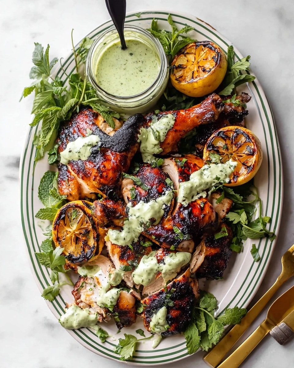 A white oval plate with green stripes holds pieces of grilled chicken with a charred dark brown and reddish skin, arranged in a layered way with wings and drumsticks on top and cut breast pieces below. The chicken is draped with light green herb sauce that has a creamy texture and scattered fresh cilantro leaves. Two halves of a grilled lemon with dark grill marks sit near the chicken. Near the top left of the plate, a small glass jar filled with the green sauce has a black spoon inside. Green leafy herbs fill around the edges of the plate. The plate is set on a white marbled texture with a gold fork and knife on the right side. photo taken with an iphone --ar 4:5 --v 7