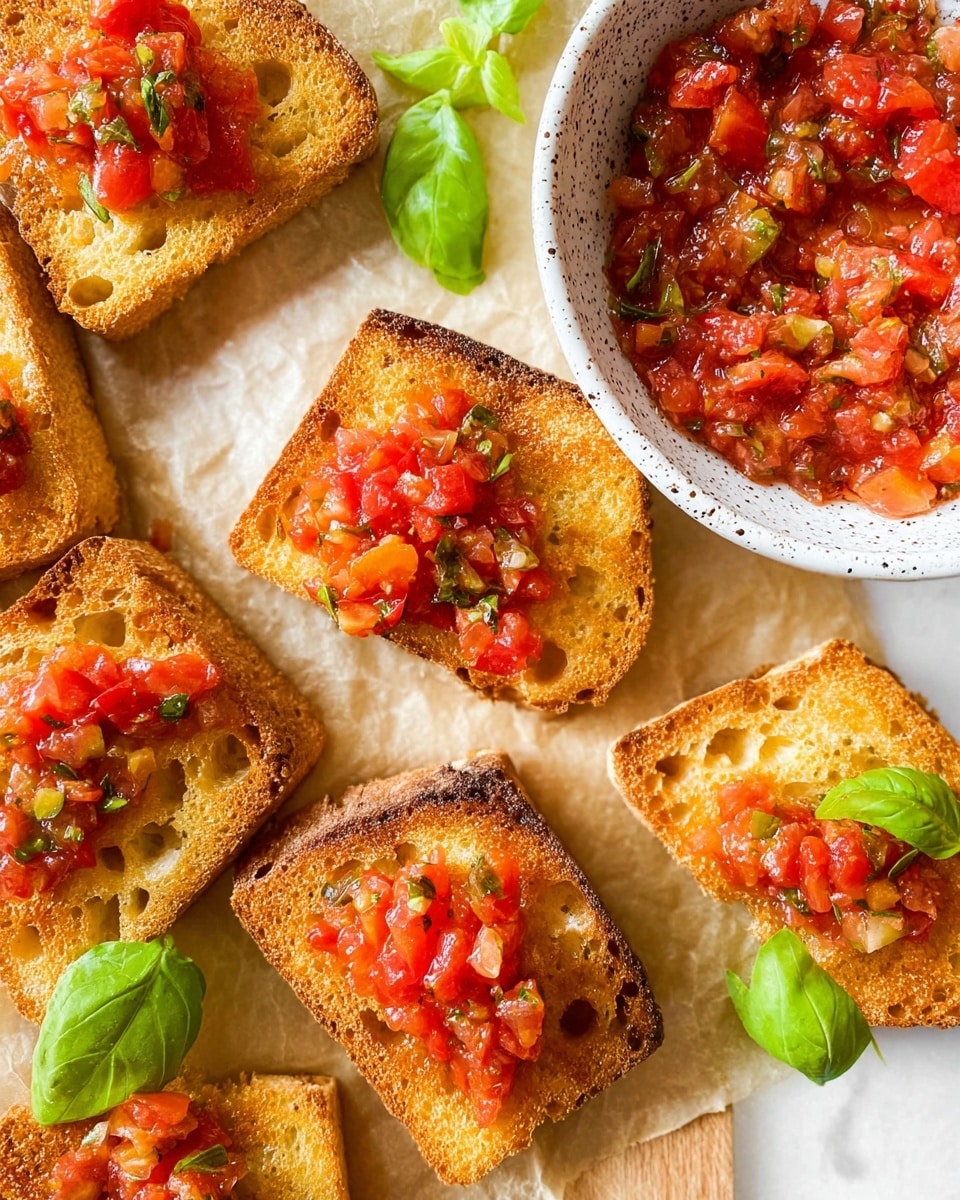 The image shows several pieces of toasted bread, each cut into small rectangles. Some pieces have a golden-brown, crispy texture with visible holes, while others have a chunky tomato mixture spread on top, made of bright red tomatoes and small green basil pieces. Fresh green basil leaves are placed around the toasts. A white speckled bowl in the upper right corner holds more of the tomato mixture, showing a thick, juicy texture with bits of herbs. All items are placed on a light parchment paper over a white marbled surface, creating a fresh, simple, and inviting scene. Photo taken with an iphone --ar 4:5 --v 7