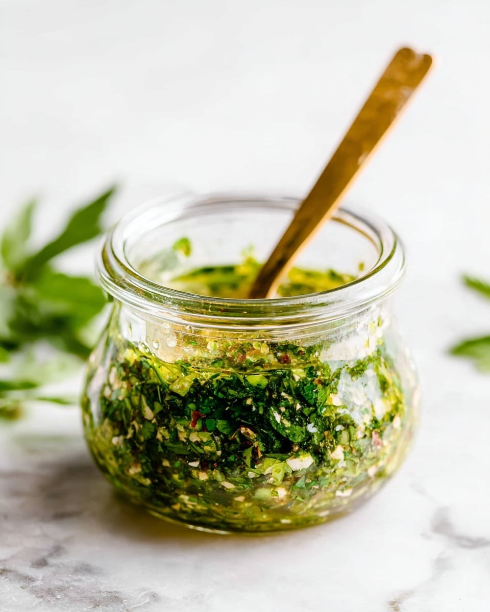 A small clear glass jar filled halfway with a bright green mixture of chopped herbs and oil, with visible small bits of garlic or seasoning spread evenly throughout. A wooden spoon with a golden tip rests inside the jar, leaning against its rim. The jar sits on a white marbled surface, with some green leaves softly blurred in the background, giving a fresh and natural feel. Photo taken with an iphone --ar 4:5 --v 7