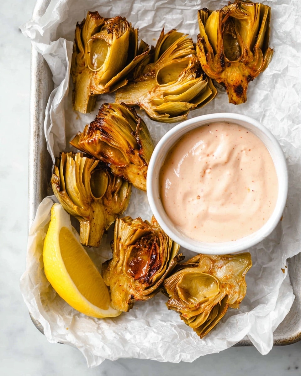 The image shows a white tray lined with crumpled white parchment paper holding several pieces of golden-brown roasted artichoke halves with charred edges, arranged around a small white bowl filled with smooth, creamy pale pink dipping sauce with visible specks. There is also a lemon wedge on the lower left side of the tray, its bright yellow color contrasting with the artichokes. The tray is set on a white marbled surface. photo taken with an iphone --ar 4:5 --v 7