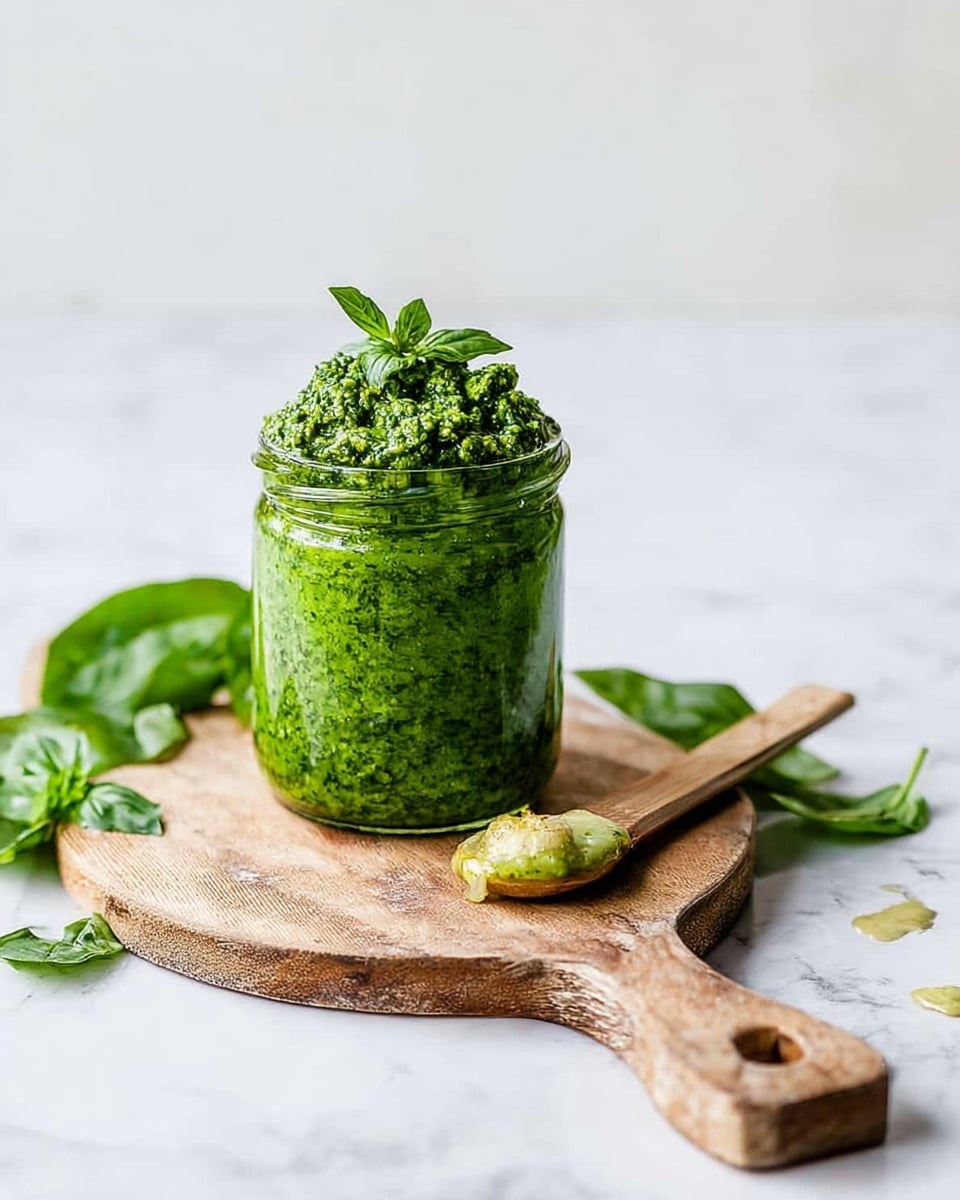 A clear glass jar filled with thick, bright green pesto sits on a round wooden cutting board with a handle, placed on a white marbled surface. The pesto has a coarse texture and is piled slightly above the jar's rim, topped with a small basil leaf. Next to the jar on the board is a wooden stick with green pesto and a dollop of pale yellow sauce on it. Fresh green basil leaves are scattered around the jar on the board and the background, adding natural color. The whole setup is clean and simple, with soft natural light. photo taken with an iphone --ar 4:5 --v 7
