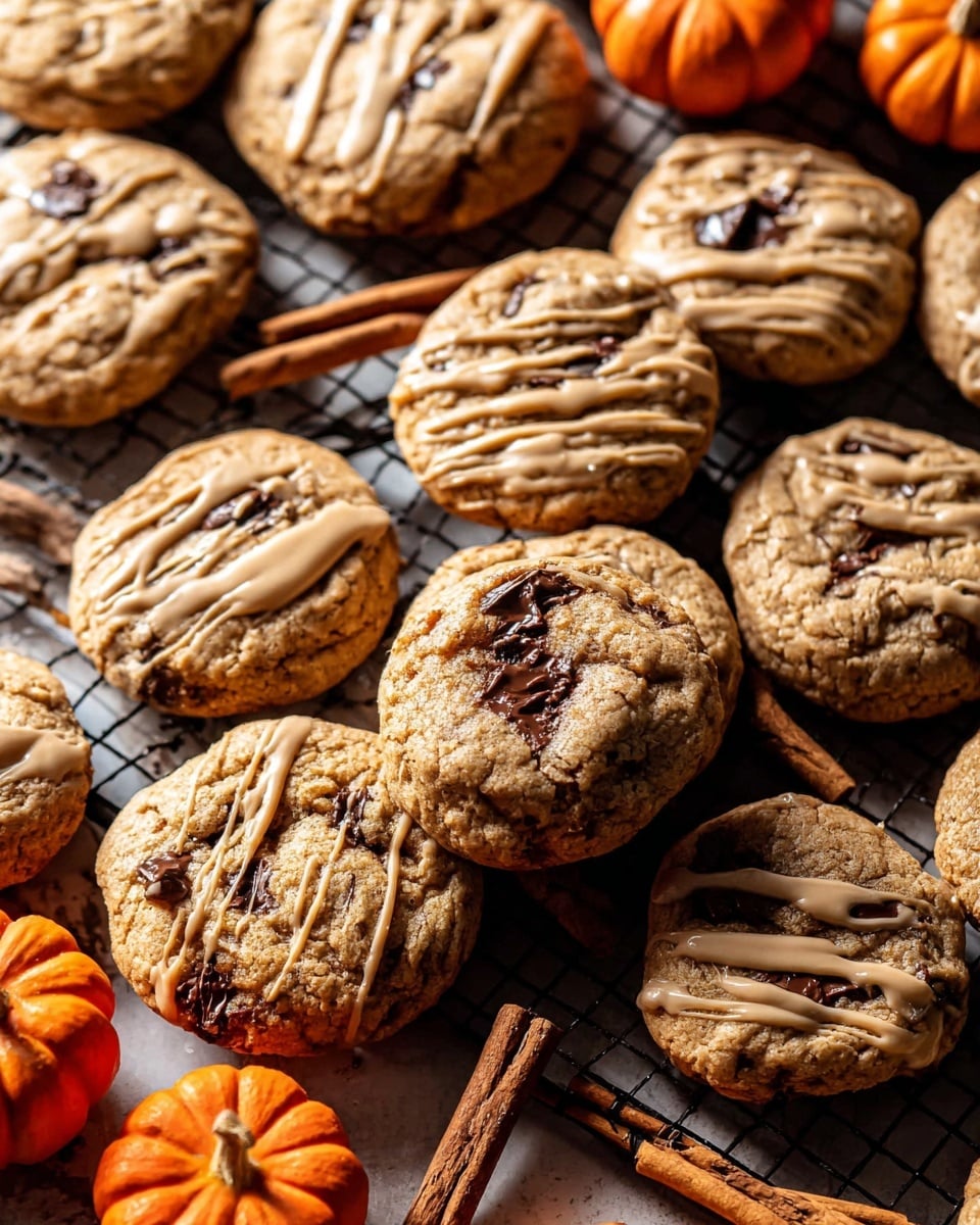 A close-up view of multiple round cookies with a golden brown color and slightly cracked texture, some showing dark chocolate chunks baked inside. Many cookies have a light beige drizzle of icing on top, adding a smooth and glossy contrast. They are spread on a black cooling rack over a white marbled textured surface. Small decorative orange mini pumpkins and cinnamon sticks are placed around the cookies, giving a cozy, autumn feel. The lighting highlights the soft, chewy texture and the warm tones of the cookies and decorations. Photo taken with an iphone --ar 4:5 --v 7