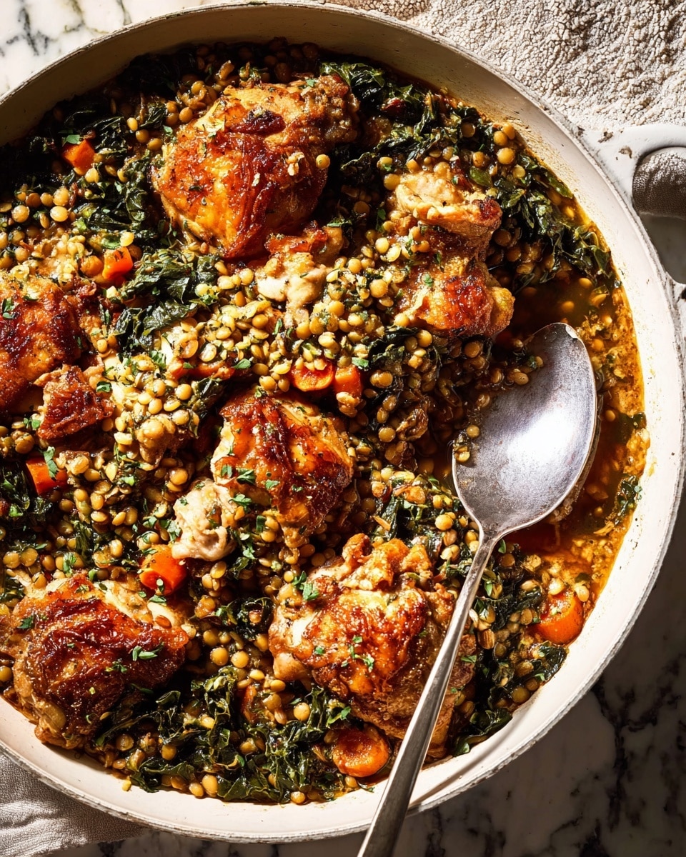 The dish is served in a large white pot filled with multiple layers; the bottom layer consists of a mix of small grains and lentils in yellow and light brown tones, scattered unevenly with small pieces of finely chopped greens and orange carrot slices. On top, several pieces of browned chicken sit, coated with herbs and tiny bits of grains, with a crispy, golden-brown skin visible. The texture looks moist but slightly crispy on the chicken, while the grains look soft and mixed throughout with slices of dark green leafy vegetables. A silver spoon rests inside the pot partially submerged in the food. The scene is set on a white marbled surface with soft, natural lighting highlighting the warm, earthy colors of the dish. photo taken with an iphone --ar 4:5 --v 7