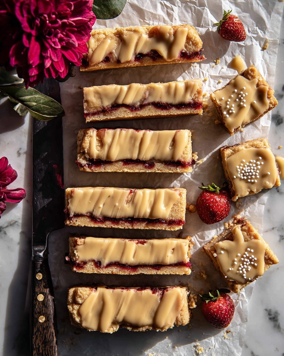 The image shows rectangular bars with two main layers: a golden, crumbly base and a dark red jam layer in the middle, topped with a thick, light brown sauce drizzled in zigzag patterns. The bars are arranged on parchment paper placed on a white marbled surface. To the left is a dark-handled knife and a bright deep pink flower with green leaves. Two small red strawberries sit near the top right corner of the bars, adding a fresh touch. Shadows from sunlight create contrast and depth in the scene. photo taken with an iphone --ar 4:5 --v 7