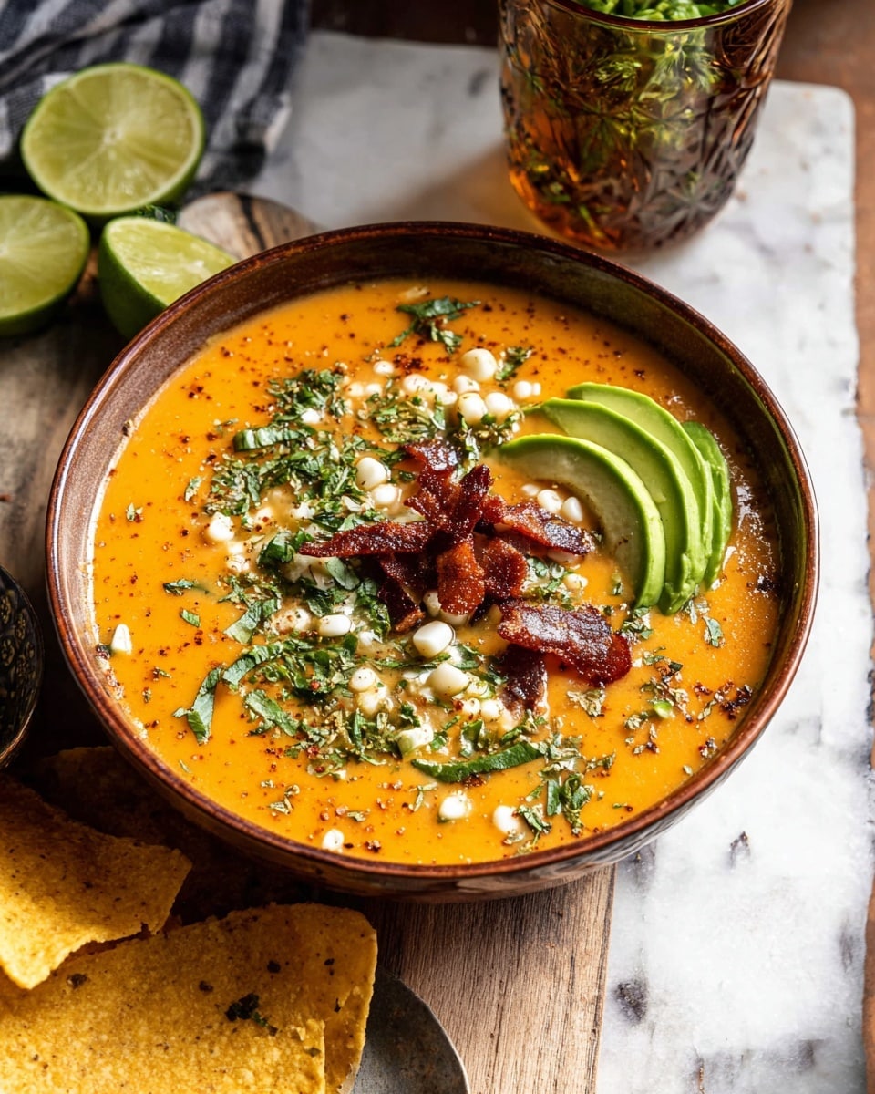 A brown bowl filled with orange creamy soup as the base layer is topped with scattered green chopped herbs, small white corn pieces, crispy dark brown bacon pieces, and sliced green avocado arranged on one side. The bowl is placed on a white marbled texture with two salted yellow tortilla chips beside it. There are also two halves of lime and a dark amber glass with herbs inside in the background. photo taken with an iphone --ar 4:5 --v 7