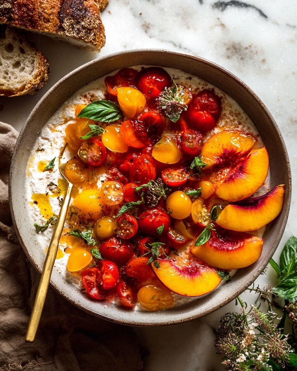 A white bowl filled with a creamy white base layer topped with bright red and orange cherry tomatoes scattered all over. On top of this, there are several thick slices of juicy yellow peaches with reddish centers, placed evenly across the bowl. Fresh green herb leaves are sprinkled lightly over the fruit and tomatoes, adding a fresh touch. A few sprigs of herbs stand out, giving more texture. A golden fork rests inside the bowl on the left side, holding a couple of yellow tomatoes. A torn piece of crusty brown bread sits above the bowl on the left, all set on a white marbled texture surface. Photo taken with an iphone --ar 4:5 --v 7