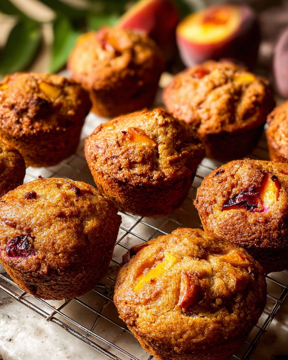 The image shows seven golden brown muffins arranged closely on a wire cooling rack over a white marbled surface. Each muffin has a slightly rough textured top with visible chunks of fruit that give amber and dark red spots, suggesting baked-in pieces like peaches or berries. The muffins have uneven edges and a moist, slightly shiny appearance, with some caramelized sugary spots glistening in the light. In the background, a blurred green leaf and parts of other muffins add depth to the photo. The warm lighting enhances the golden colors and textures, making the muffins look fresh and inviting. Photo taken with an iphone --ar 4:5 --v 7