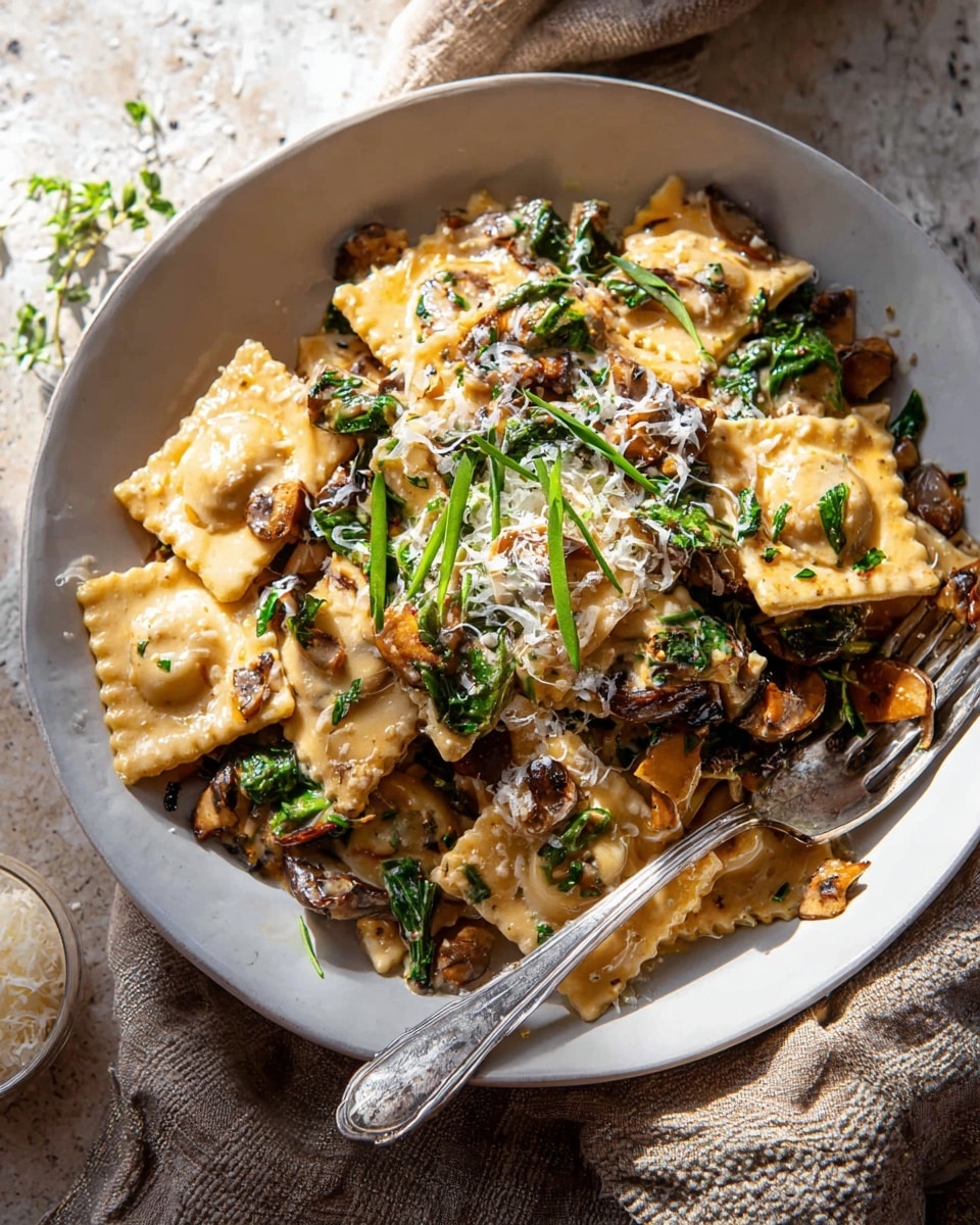 A white bowl is filled with pasta made of square ravioli pieces that are pale yellow and slightly glossy from sauce. Mixed in are browned, cooked mushrooms and greens, some leafy and chopped, scattered on top and throughout. The dish is garnished with shredded white cheese and thin green herb strips layered on top. A silver fork rests inside the bowl on a white marbled textured surface, with a textured cloth partially visible nearby. Photo taken with an iphone --ar 4:5 --v 7