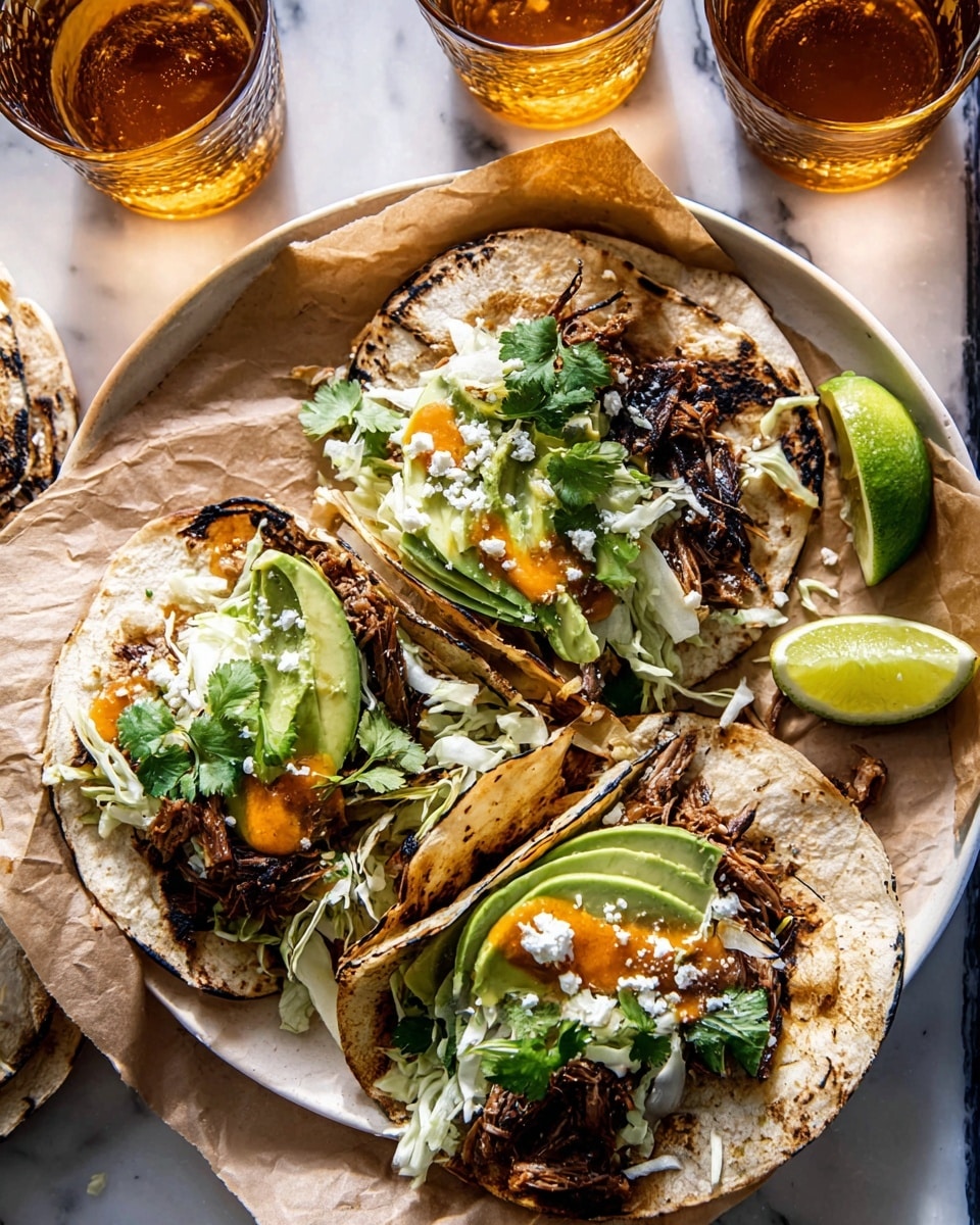 Three grilled tortillas with dark char marks form the base, each filled with layers starting with shredded white cabbage, followed by chunks of brown shredded meat. On top, there are slices of pale green avocado, bright green cilantro leaves, thin green onion strips, and small dollops of orange sauce. White crumbled cheese is sprinkled over everything. The tacos sit on white paper covering a blue plate on a white marbled textured surface. Around them, there are two glasses of light beer and a lime wedge. Photo taken with an iphone --ar 4:5 --v 7