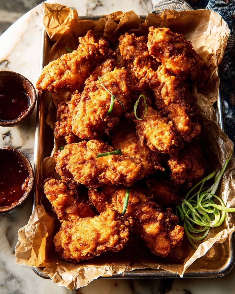 A tray lined with crumpled brown parchment paper holds a heap of golden-brown fried chicken pieces, each with a crispy, textured coating that shines slightly with oil. The pieces vary in size and shape, stacked unevenly, showing crunchy edges and a well-seasoned crust. On the top right corner of the tray, a small bunch of bright green sliced scallions adds a fresh color contrast. In the background, there are two dark brown cups filled with a dark reddish sauce. The whole setup is placed on a white marbled surface. photo taken with an iphone --ar 4:5 --v 7