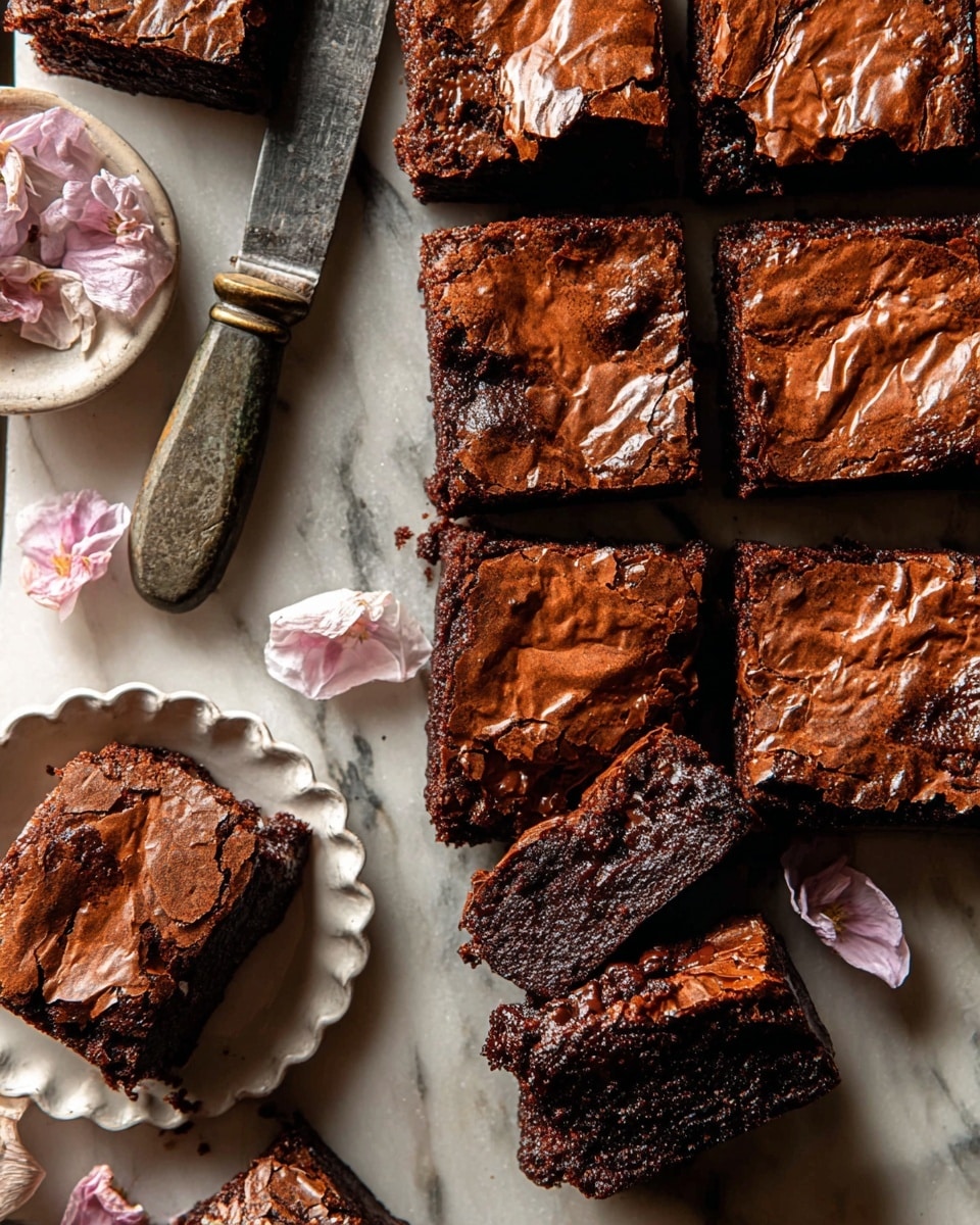 The image shows a batch of rich, fudgy brownies cut into squares with a glossy, crackled chocolate top layer that has a slightly wrinkled texture. The brownies have a deep dark brown color with some melted chocolate spots visible inside, and a few pieces are stacked to reveal a moist, dense interior. They are placed on a white marbled surface with an old knife between the pieces, and delicate light pink and white flower petals are scattered on and around the brownies. In the bottom corner, part of a white scalloped plate holds a few brownies, adding a soft contrast. photo taken with an iphone --ar 4:5 --v 7