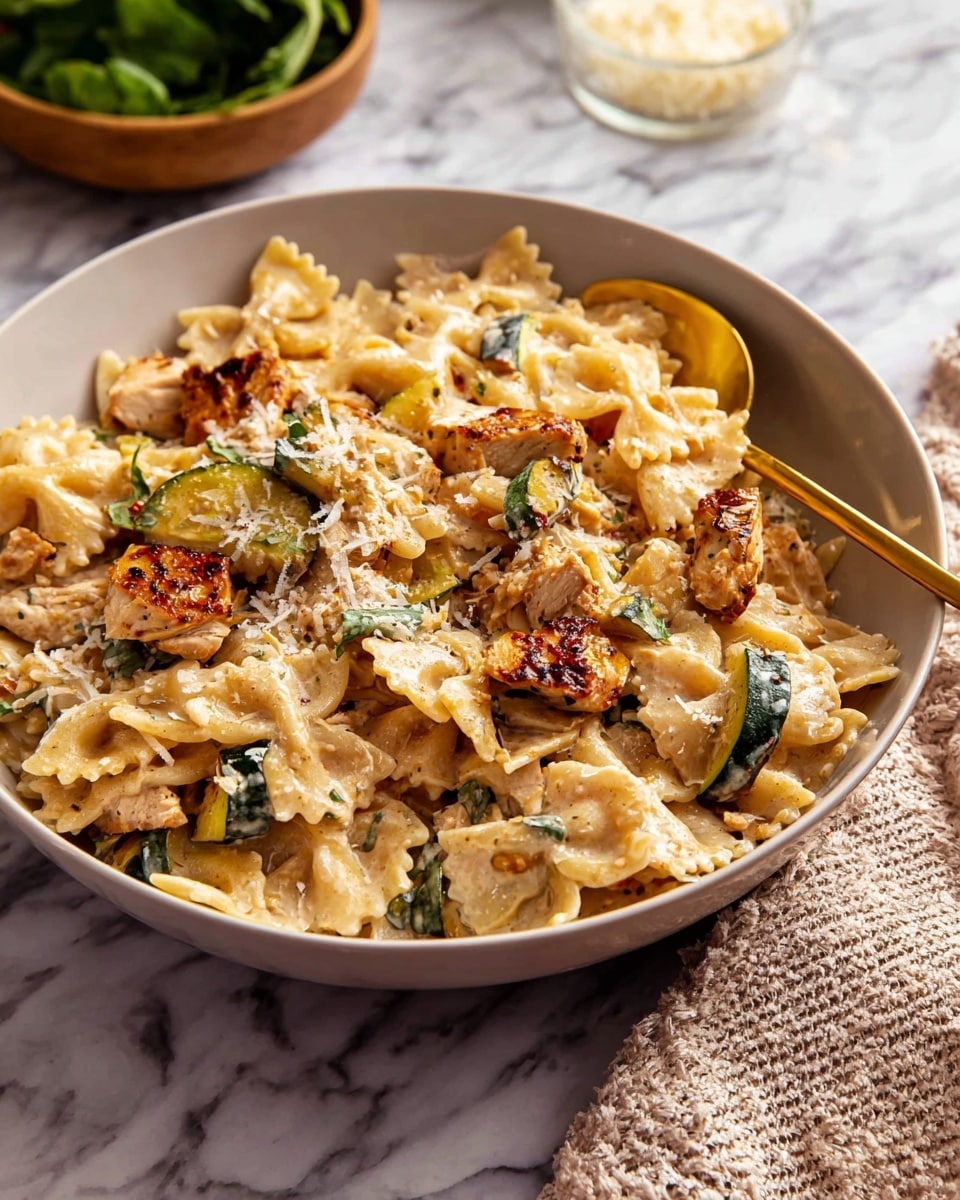 A white bowl is filled with a creamy pasta dish made of farfalle pasta coated in a light beige creamy sauce. Mixed in are browned pieces of grilled chicken with a slightly crispy, golden texture, and small chunks of green vegetables that look like zucchini. The dish is sprinkled lightly with grated cheese. A gold spoon rests inside the bowl. The bowl sits on a white marbled surface, and part of a textured beige cloth and a bowl with green leafy herbs are visible in the background. photo taken with an iphone --ar 4:5 --v 7