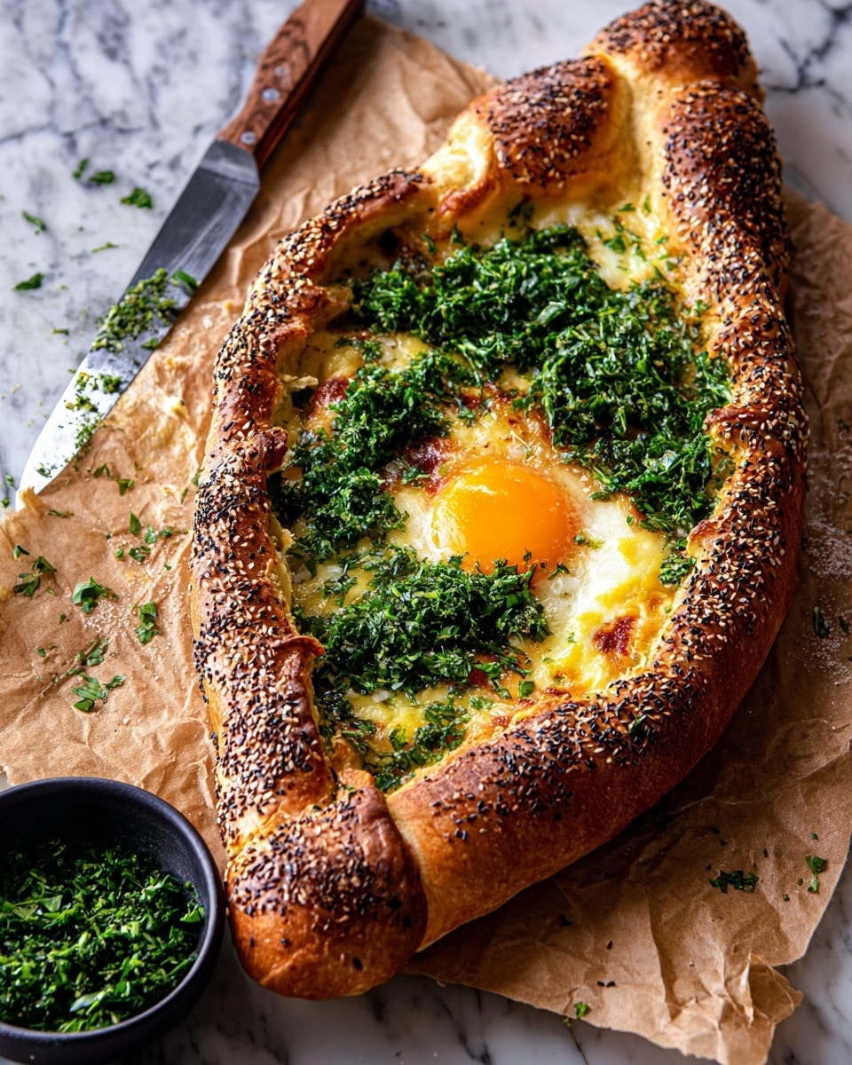 The image shows a boat-shaped bread covered in sesame seeds, with a thick golden-brown crust that is puffed and twisted at the ends. Inside the bread, there is a creamy layer of melted cheese topped with a bright orange egg yolk placed near the center. Over the cheese and yolk, there is a generous topping of finely chopped green herbs, adding a fresh and vibrant contrast with varying shades of green. The bread rests on a piece of parchment paper on a surface with a white marbled texture. To the side is a small black bowl filled with more chopped herbs, and a knife with a wooden handle lies nearby. Photo taken with an iphone --ar 4:5 --v 7