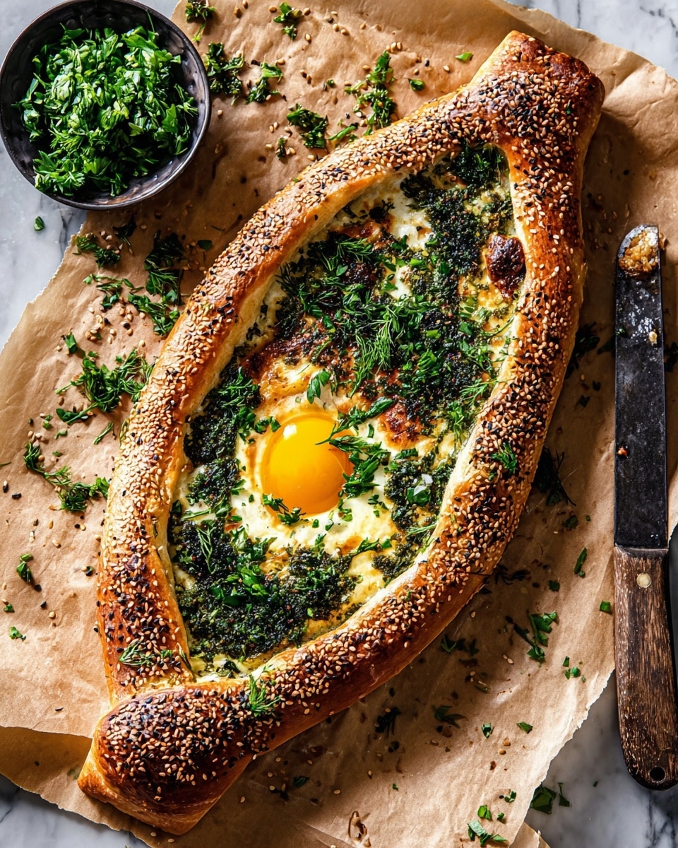 A boat-shaped bread with a thick, golden-brown crust covered in sesame seeds forms the base layer, with a creamy white cheese filling topped by finely chopped dark green herbs that cover most of the surface. Near the center, a bright yellow raw egg yolk rests surrounded by more herbs. The bread is placed on light brown parchment paper with some scattered herbs around. To the left, there is a small dark bowl filled with chopped green herbs, and to the right, an old knife with a dark blade and a wooden handle rests partially in frame. The whole scene is set on a white marbled surface. photo taken with an iphone --ar 4:5 --v 7