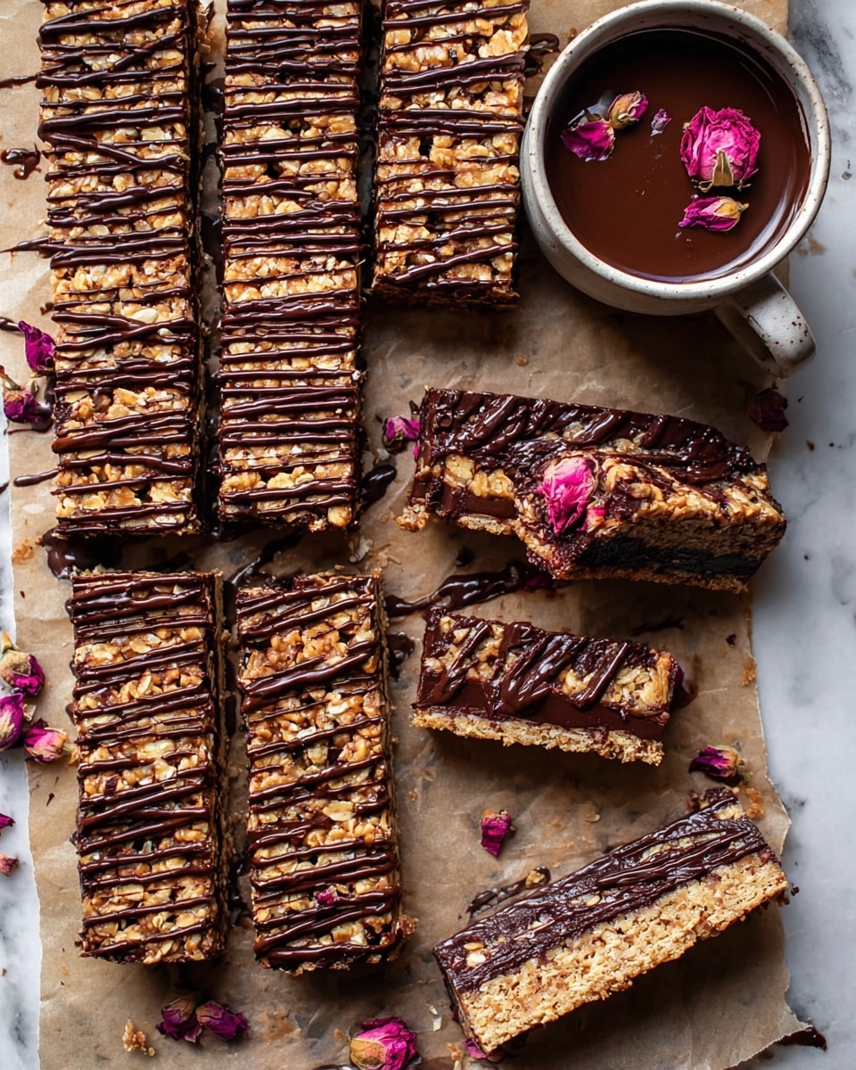 The image shows a batch of rectangular crispy rice treats arranged on parchment paper over a white marbled surface, each piece topped with a thick drizzle of dark chocolate that creates a shiny, irregular striped pattern. The treats are light golden in color with a crispy, textured look, and some have bits of rose petals adding pops of deep pink against the chocolate drizzle. In the upper right corner, there is a white bowl filled with melted dark chocolate topped with a single pink petal, with some chocolate drips around the bowl. The confection pieces are cut into different sizes, some fully coated with chocolate on top, others only drizzled, creating a mix of colors and textures. photo taken with an iphone --ar 4:5 --v 7