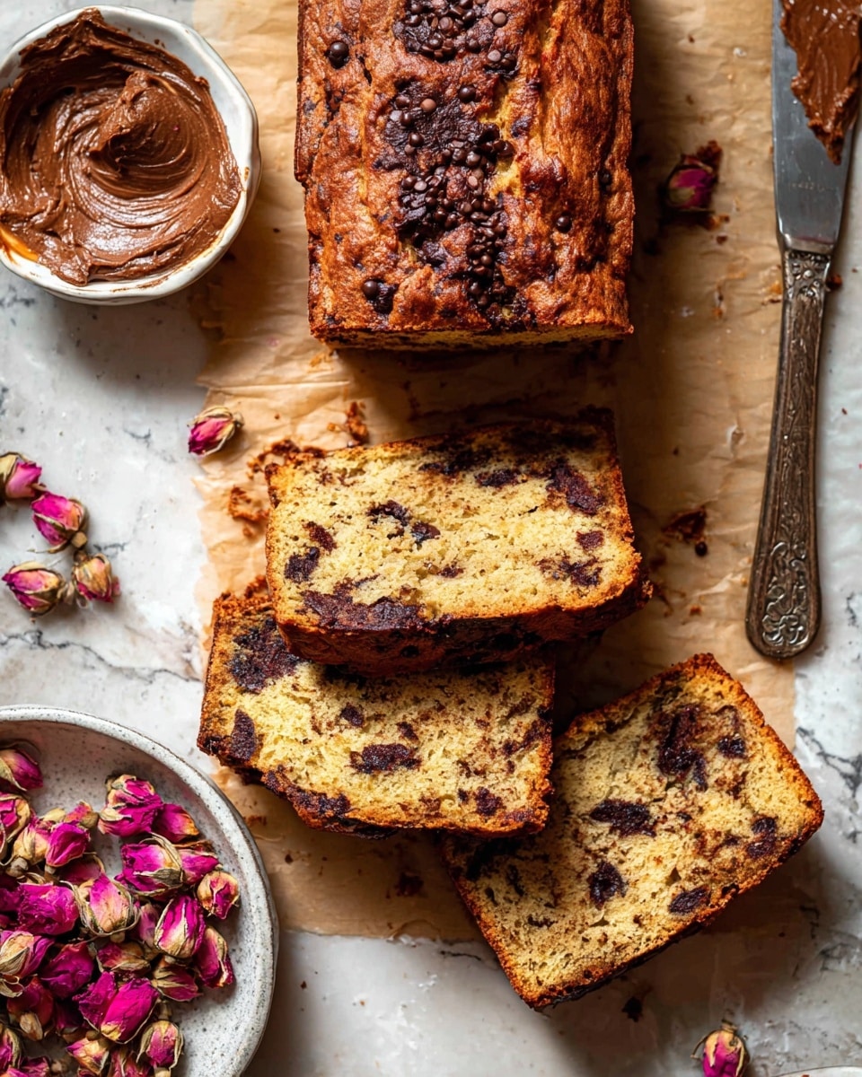 A loaf of chocolate chip bread is shown, with a rich golden-brown crust that has a slightly rough texture and visible chocolate chips melted on top. The bread is sliced into pieces, revealing a soft, dense inside with scattered dark melted chocolate chunks throughout. The bottom slice lies flat on a surface, showing the chocolate chips embedded in the yellowish-brown crumb. To the side, a white bowl holds a brown spread with a vintage silver knife resting inside, smeared with the spread and a few small red rose petals. Another white plate holds dried rosebuds and petals nearby on a white marbled texture surface. photo taken with an iphone --ar 4:5 --v 7
