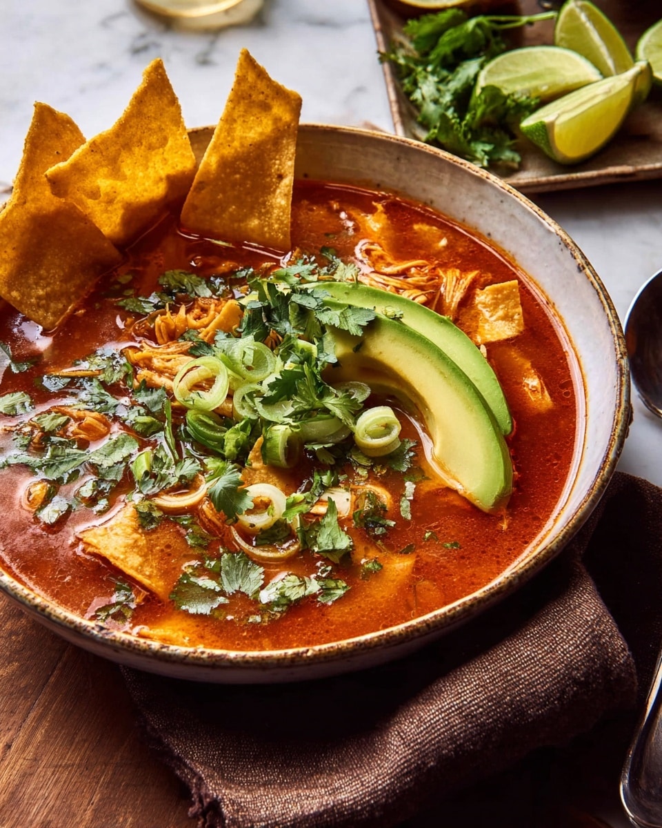 A bowl of rich, red tomato-based soup filled with softened tortilla strips and tender pieces of chicken, topped with bright green chopped cilantro and thinly sliced light green onions scattered across the surface. On top of the soup, there are three large, crispy, golden-brown tortilla chips standing upright at the edge of the bowl. Several slices of creamy light green avocado rest on one side, adding a smooth texture contrast. The bowl is white with a rustic rim and is placed on a white marbled texture. A brown cloth napkin is partially under the bowl, and in the background, there is a tray with lime wedges and fresh green mint leaves. photo taken with an iphone --ar 4:5 --v 7