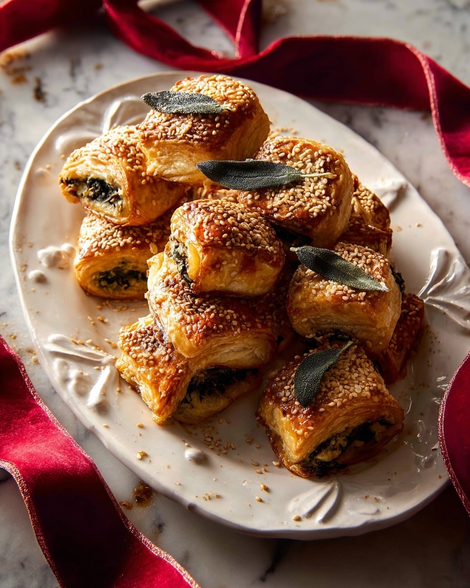 A white decorative plate holds a pile of golden-brown puff pastries topped with coarse white salt crystals. Each pastry is filled with a dark green spinach-like mixture that slightly peeks out from the edges. On top of each pastry rests a single dried sage leaf, adding a touch of green and texture contrast. The plate is surrounded by loose strands of deep red ribbon, creating a festive and warm appearance. The overall setting is lit warmly, with a white marbled surface beneath adding subtle light reflections. photo taken with an iphone --ar 4:5 --v 7