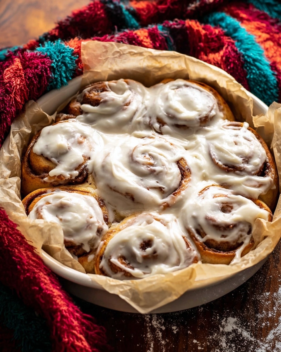 A round white baking dish lined with crumpled parchment paper holds eight golden-brown cinnamon rolls arranged close together in two rows, partially covered with a thick, creamy white icing that has a smooth and slightly glossy texture, unevenly spread so some rolls peek through with visible dark cinnamon swirls. The dish is set on a wooden surface with some powdered sugar scattered around, and a colorful, fuzzy cloth with red and teal hues partially surrounds the dish, adding warmth and texture to the scene. Photo taken with an iphone --ar 4:5 --v 7