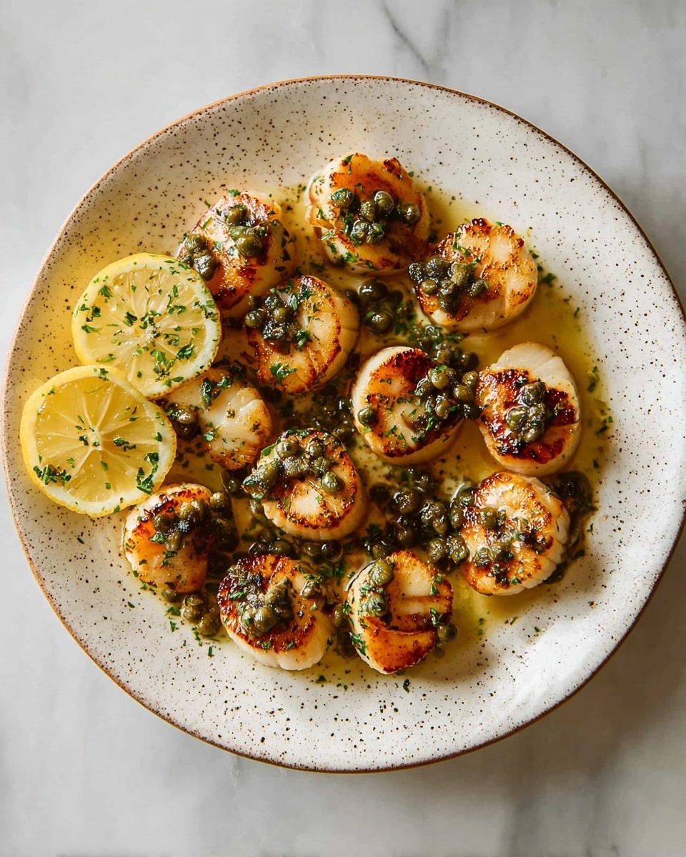 A white plate with speckled edges holds eleven golden-brown seared scallops arranged in a loose circle. Each scallop has a topping of dark green capers in a glossy buttery sauce with chopped herbs. Nestled among the scallops are three lemon wedges, pale yellow with green herb sprinkles. The plate sits on a white marbled surface, enhancing the fresh and simple look of the dish. photo taken with an iphone --ar 4:5 --v 7