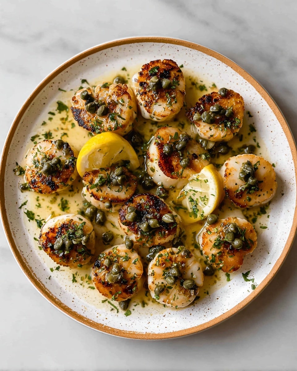 A white speckled plate with a brown rim holds twelve browned scallops, each topped with small green capers and finely chopped herbs scattered on top and around. Two lemon wedges with sprinkled herbs are placed near the center on the scallops. The dish is covered in a light golden sauce that pools slightly around the scallops. The plate rests on a white marbled surface. photo taken with an iphone --ar 4:5 --v 7