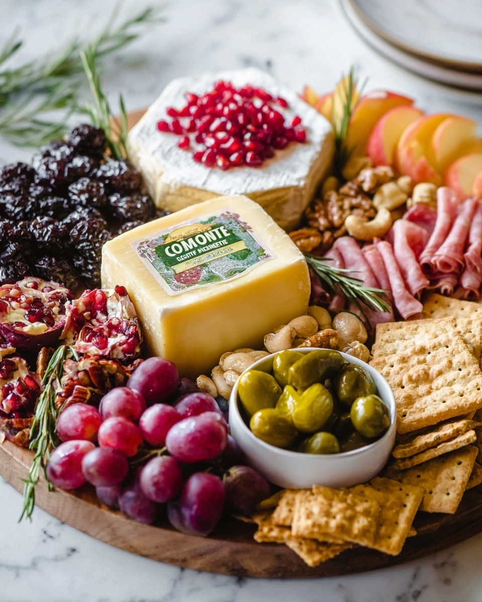 A round wooden board filled with many foods, starting with a block of Comté cheese in the center, pale yellow with a green and white label. To its left, there are clusters of dark purple blueberries, dark dried fruits, and round red grapes at the bottom. Above the cheese, a hexagon-shaped creamy white cheese topped with red pomegranate seeds and green rosemary sprigs. To the right, thinly sliced pink apple pieces are placed next to light-brown nuts, pale pink folded slices of cured meat, and pale square crackers. A small white bowl filled with green pickles sits near the bottom right, and a scattering of light brown seasoned crackers is placed in front. A white marbled surface and a white plate partially visible sit in the background. photo taken with an iphone --ar 4:5 --v 7