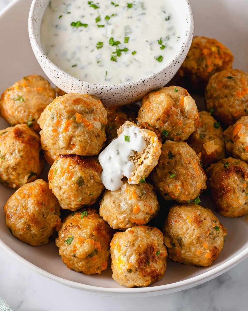 A white bowl filled with about twenty round meatballs, each with a light golden brown color mixed with small orange and beige pieces, giving a slightly rough texture. One meatball is broken open, showing a soft, moist inside, and has a dollop of white creamy sauce on it. The meatballs are sprinkled lightly with chopped green herbs. A white speckled bowl containing a thick white sauce with green herbs sits at the top edge of the bowl, partially full. The bowl is placed on a white marbled surface. photo taken with an iphone --ar 4:5 --v 7