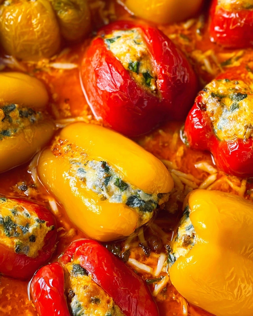 The image shows a close-up of small sweet peppers stuffed with a creamy, light filling that looks like a mix of cheese and herbs. The peppers are mainly yellow and red, with a shiny, soft texture that indicates they are cooked. The bright filling is visible in the open tops of the peppers, packed inside evenly. All the peppers are sitting in a rich, glossy orange sauce that slightly covers their sides, giving the dish a warm and juicy look. The sauce contains small bits of what could be shredded vegetables or herbs, adding texture and depth around the peppers. photo taken with an iphone --ar 4:5 --v 7
