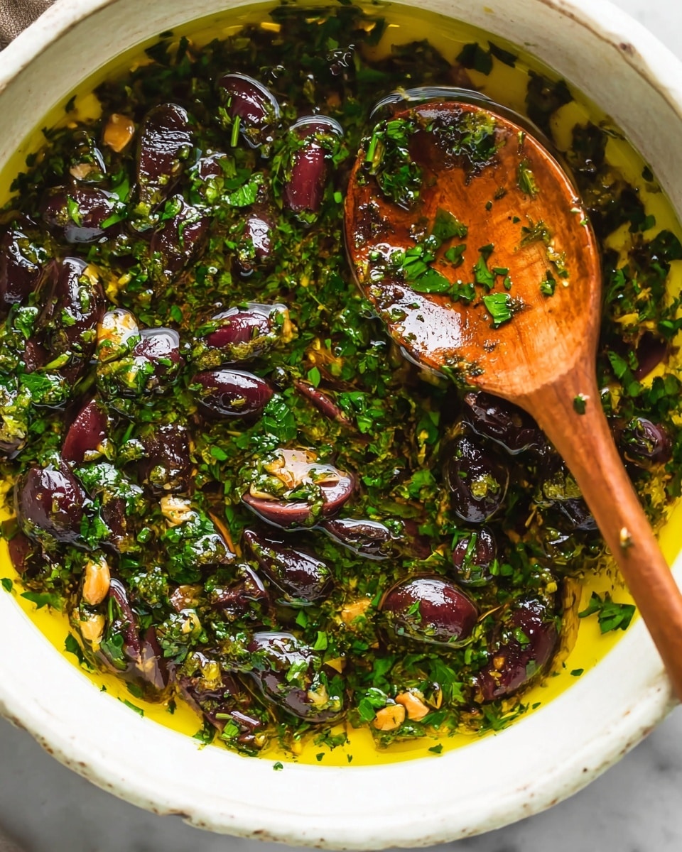 A close-up view of a shallow white dish filled with a mix of chopped dark purple olives and bright green herbs in golden olive oil, creating a slightly oily and textured surface. Small pieces of nuts or garlic are scattered throughout the mixture, adding texture. A small wooden spoon with a smooth round bowl rests inside the dish on the right side, coated partially with the olive and herb mix. The white marbled background contrasts softly with the rich colors of the ingredients. Photo taken with an iphone --ar 4:5 --v 7