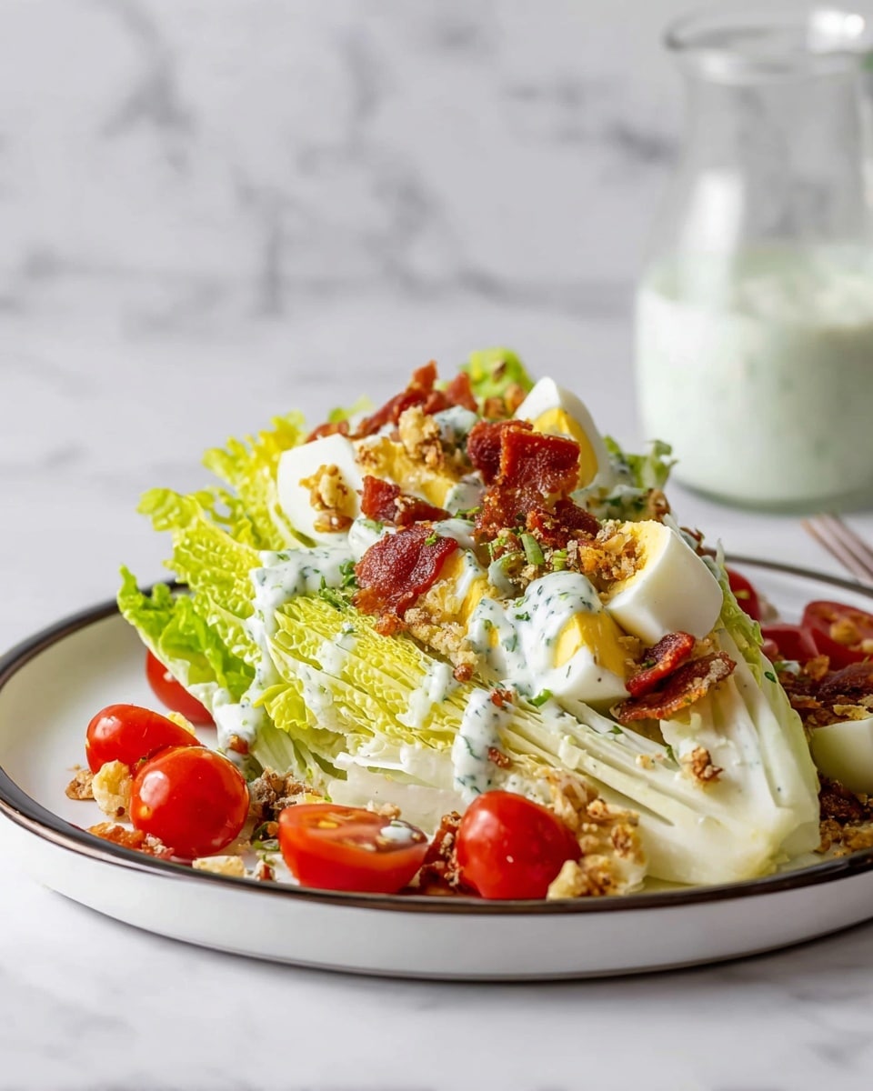 A wedge salad served on a white plate with a dark rim, placed on a white marbled surface. The base layer consists of a thick wedge of pale green iceberg lettuce showing crisp, layered texture. On top, there are chopped red cherry tomatoes and pieces of hard-boiled egg with white and yellow yolk visible. Scattered around are crispy bacon bits adding a reddish-brown crunchy texture. The salad is drizzled generously with creamy white dressing with small green herb flecks. Crumbled toppings, possibly fried onions or nuts, add a light golden brown crunch spread evenly over the salad. In the background, a glass container with more creamy dressing is slightly blurred. Photo taken with an iphone --ar 4:5 --v 7