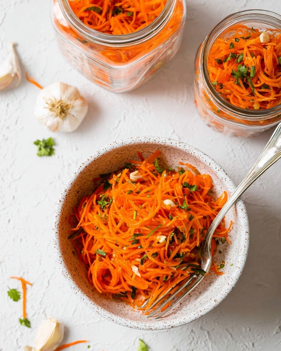 A white speckled bowl filled with shredded bright orange carrot salad mixed with small pieces of green herbs is placed on a white marbled textured surface. A silver fork rests inside the bowl on the right side. Nearby, two glass jars also contain the same shredded carrot mixture. To the left, some loose carrot shreds and green herb leaves lie on the surface alongside two garlic cloves with their skins partially removed. The overall look is fresh, bright, and clean. photo taken with an iphone --ar 4:5 --v 7