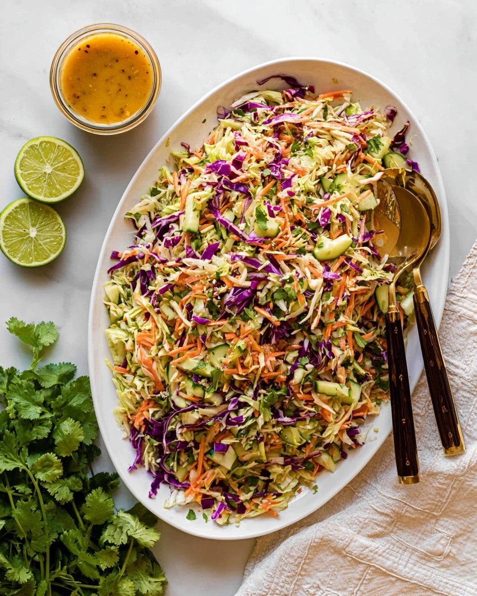 A colorful mixed salad with several layers of thinly sliced purple cabbage, light green cabbage, and shredded orange carrots scattered evenly throughout. Bright green cucumber slices and leafy green herbs are spread on top, adding fresh texture and color contrast. Light brown peanuts sprinkled across the salad add shape and dimension. Two rustic wooden-handled serving spoons with a slightly wet look rest partially buried in the salad on the right side. All this sits on a white bowl with the whole scene on a white marbled texture background. Photo taken with an iphone --ar 4:5 --v 7