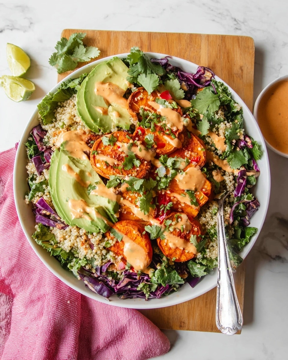 A large white bowl filled with a colorful layered salad sits on a wooden board atop a white marbled surface. The salad has several visible layers: a base of chopped dark greens and shredded purple cabbage, a middle layer of light fluffy quinoa scattered evenly, and slices of bright orange roasted sweet potatoes placed on top. Bright green avocado slices and fresh green cilantro leaves are spread around, drizzled lightly with a creamy textured orange sauce. A fork rests on the right side inside the bowl, with a pink cloth napkin beneath the board. Photo taken with an iphone --ar 4:5 --v 7