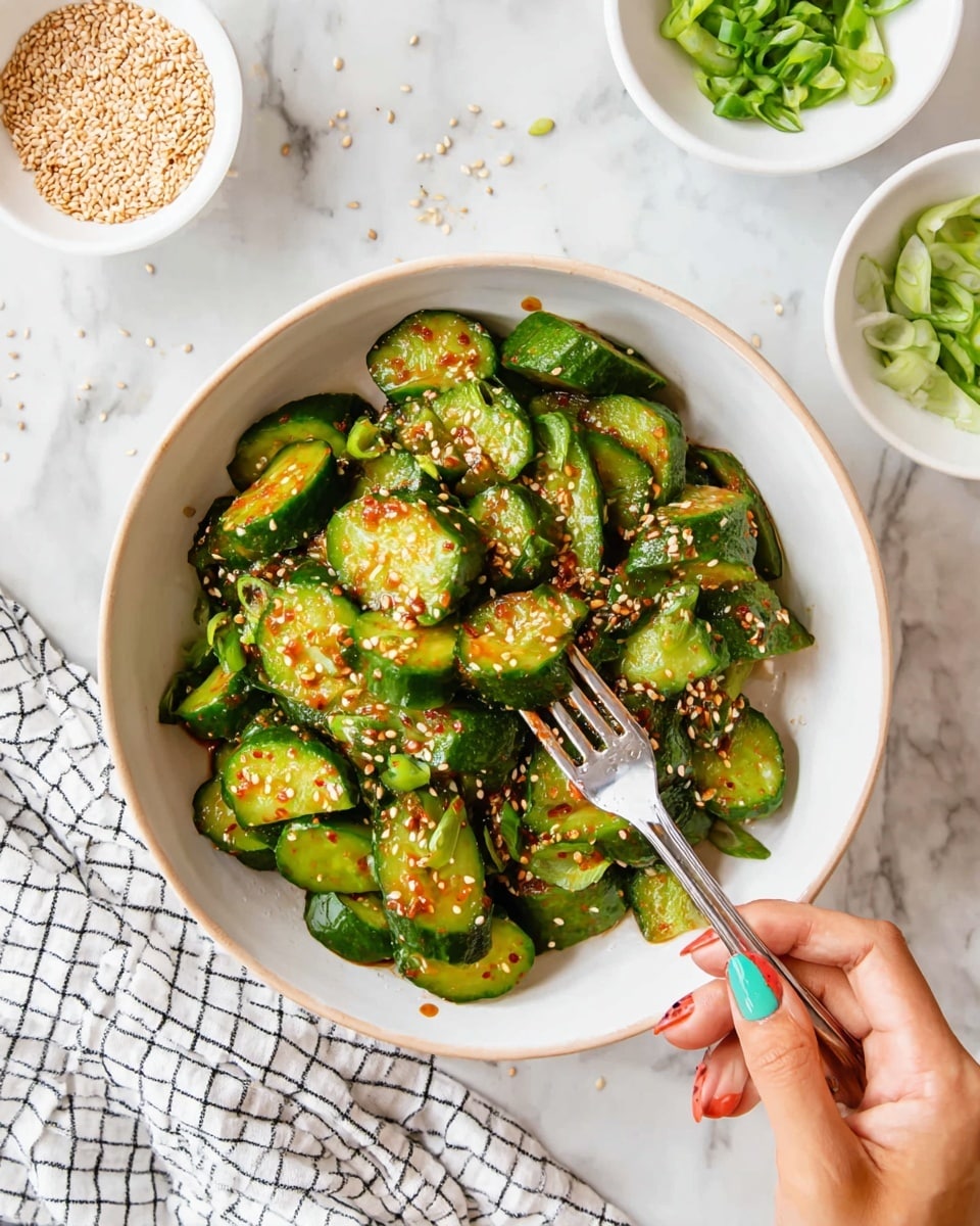 A white bowl is filled with a fresh cucumber salad consisting of about two main layers: thick, bright green cucumber slices coated with a shiny, reddish-brown dressing, sprinkled evenly with small sesame seeds and small pieces of chopped green onion. The cucumbers have a slightly glossy texture from the sauce, and the sesame seeds add a light tan color texture on top. A woman's hand with multicolored nails holds a silver fork dipping into the salad on the right side of the bowl. The bowl sits on a white marbled surface with scattered sesame seeds and chopped green onions nearby, along with a white bowl of sesame seeds at the top and a white bowl with chopped green onions on the right. A checkered cloth with black and white patterns is at the bottom left corner. Photo taken with an iphone --ar 4:5 --v 7