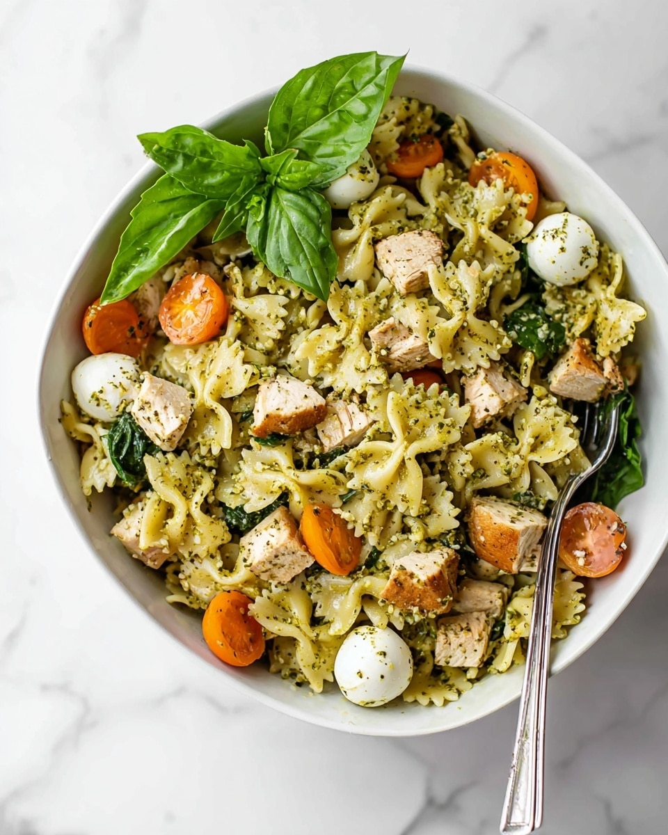In a white bowl resting on a white marbled surface, there is a pasta salad made of three main layers: the bottom layer is bowtie pasta mixed with a light green pesto sauce, giving it a slightly oily and textured look; scattered throughout the pasta are small cubes of grilled chicken with a light brown sear and small pieces of fresh spinach leaves adding dark green color and soft texture; the top layer shows halved bright orange cherry tomatoes and small white mozzarella balls, with a few large fresh basil leaves placed on top for a decorative touch, a silver fork is leaning into the bowl from the right side. photo taken with an iphone --ar 4:5 --v 7