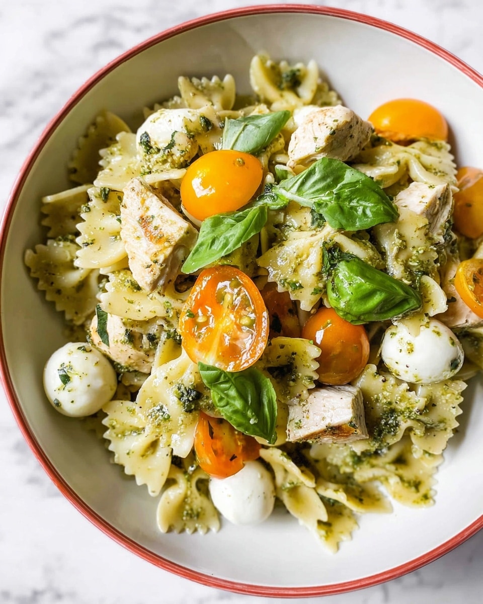 A white bowl with thin red rings holds a pasta salad featuring three layers: the bottom layer has creamy white bowtie pasta mixed with green pesto herbs; the middle layer includes chunks of grilled chicken and small mozzarella balls; the top layer shows bright orange cherry tomato halves and fresh green basil leaves scattered across. The textures highlight the smooth pasta, juicy tomatoes, tender chicken, and soft cheese, all set against a white marbled surface. photo taken with an iphone --ar 4:5 --v 7