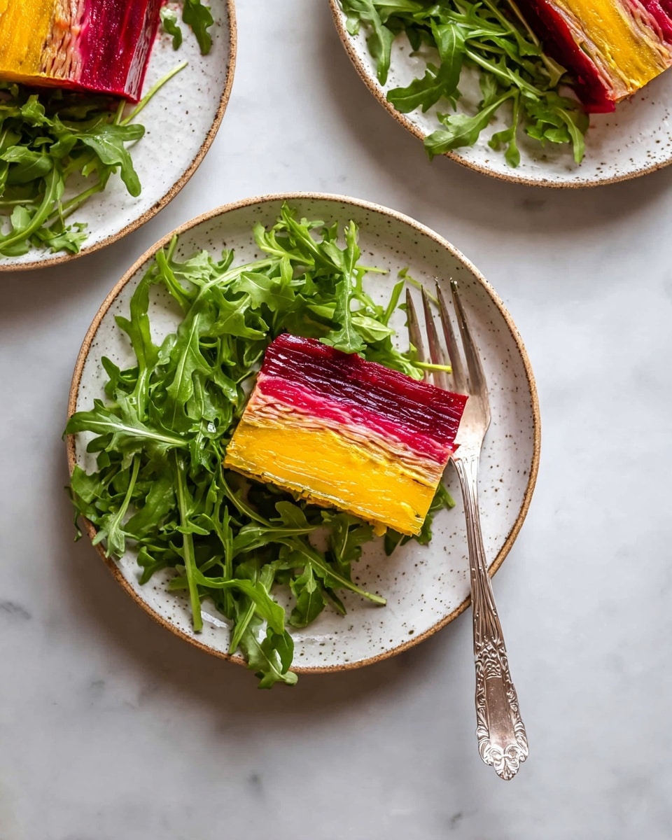 The image shows a white speckled round plate with a bed of fresh green arugula leaves arranged in a loose, natural way. On top of the arugula lies a neat, rectangular slice of layered vegetable terrine with two visible layers: a deep red beet layer on the right side and a bright golden-yellow layer on the left side, both showing fine, delicate textures and thin slices stacked carefully. A silver fork with a decorative handle rests on the right side of the plate, partially on the arugula. Two similar plates with arugula and vegetable terrine are partially visible in the background on a white marbled surface. photo taken with an iphone --ar 4:5 --v 7