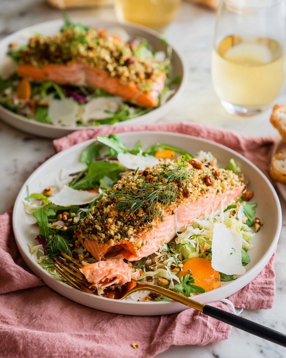The image shows a white bowl filled with a bed of fresh green leafy vegetables at the bottom, topped with small bits of shredded white cheese and some thin carrot slices adding a pop of orange color. On top of the greens sits a baked salmon fillet with a golden brown, crumbly crust that has specks of green herbs, purple onion bits, and a crunchy texture. A woman's hand holding a golden fork with black handle is breaking a piece off the salmon, revealing its soft and flaky pink interior. The bowl is placed on a soft pink cloth with a white marbled surface underneath. In the background, there is another similar bowl with the same dish, a small piece of crusty bread, a glass of light golden drink, and a small bowl of coarse salt. photo taken with an iphone --ar 4:5 --v 7