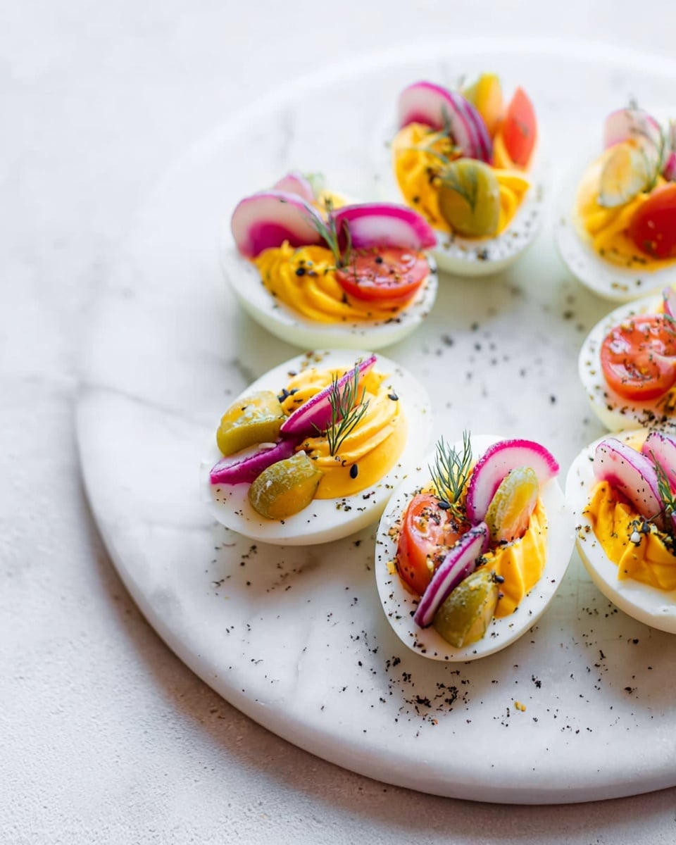 The image shows a round white plate with small speckles, placed on a white marbled surface. On the plate are several halved boiled eggs arranged in a circle. Each egg half has a smooth, shiny white base from the egg white and is filled with an orange-yellow layer of creamy yolk mixture. On top of the yolk mix are thin slices of purple beetroot, small pieces of green pickles, red cherry tomato halves, and thin slices of white radish with pink edges. A tiny green sprig of dill is placed on some of the eggs as garnish, and a light sprinkle of black and white sesame seeds is scattered across the surface. The overall presentation looks fresh, colorful, and neatly arranged. photo taken with an iphone --ar 4:5 --v 7