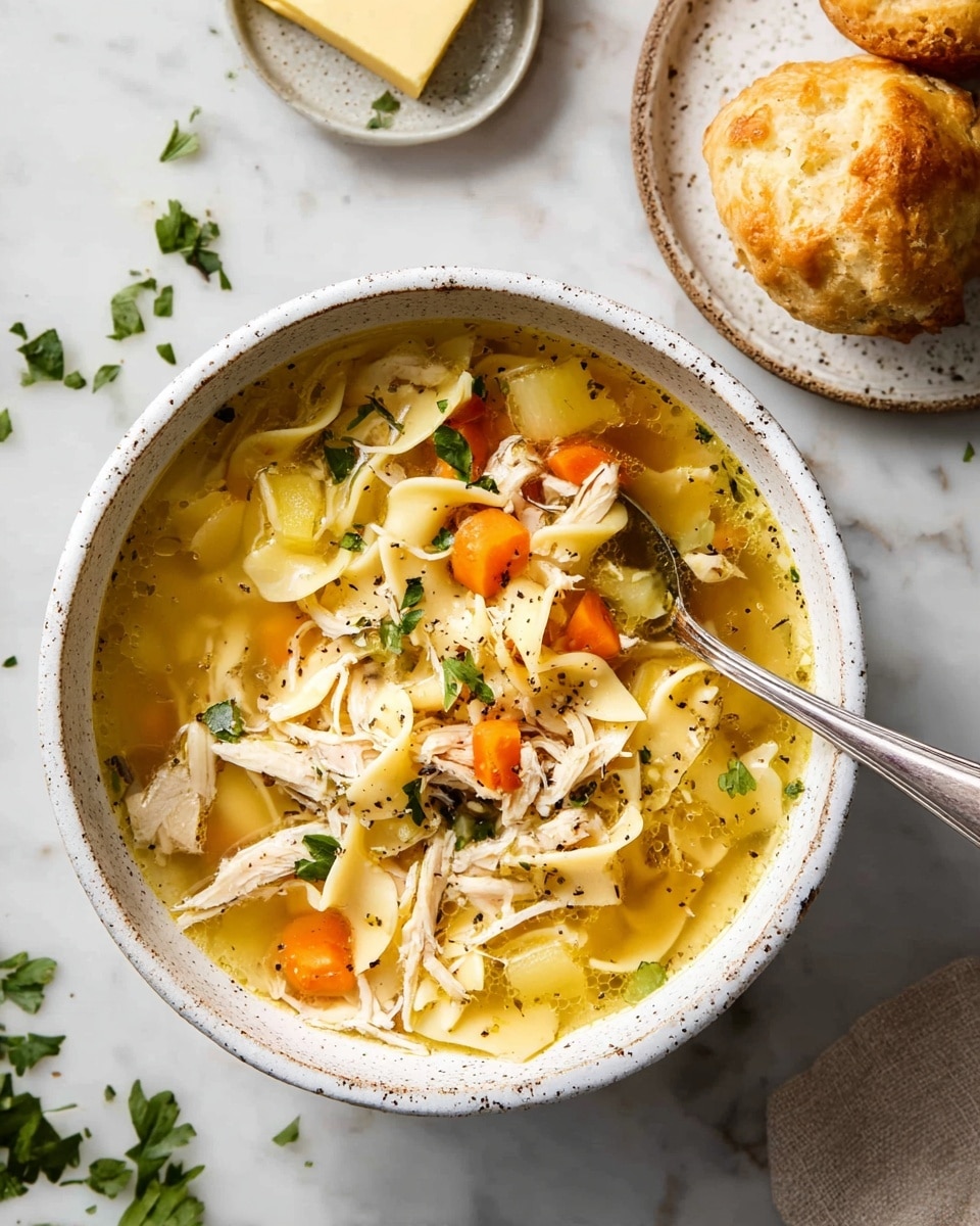 A speckled white bowl filled with chicken noodle soup sits on a white marbled surface. The soup has three main layers: a yellowish clear broth with scattered black pepper, chunks of shredded white chicken, and thick, wavy pale yellow noodles mixed with small diced orange carrots and light yellow potatoes, garnished with green parsley leaves. A silver spoon rests inside the bowl, partially submerged in the soup. Nearby, a small speckled white plate holds a slab of pale yellow butter with a sprig of parsley, and another similar plate has a golden brown muffin. Some fresh parsley leaves are scattered on the white marbled surface below. photo taken with an iphone --ar 4:5 --v 7