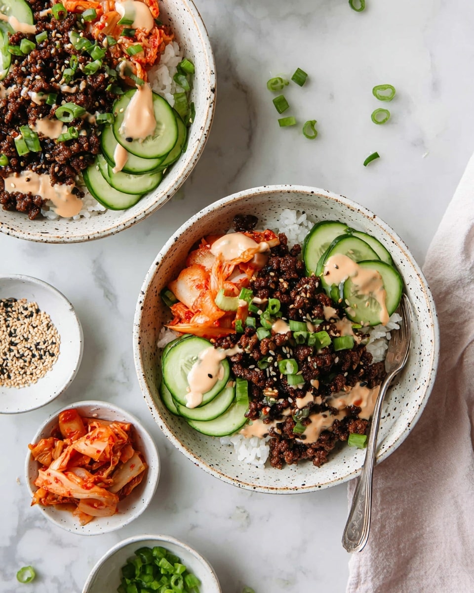 Two white bowls with speckled edges sit on white marbled texture, each filled with three main layers: a base of white rice, a middle layer of dark brown cooked ground meat, and on top, side layers of bright green cucumber slices and orange-red kimchi. The meat is drizzled with a light beige creamy sauce and sprinkled with small green onion pieces and sesame seeds. Around the bowls, there are small white dishes holding some sesame seeds, more finely chopped green onions, and additional kimchi. A silver fork rests inside the bottom bowl. Photo taken with an iphone --ar 4:5 --v 7